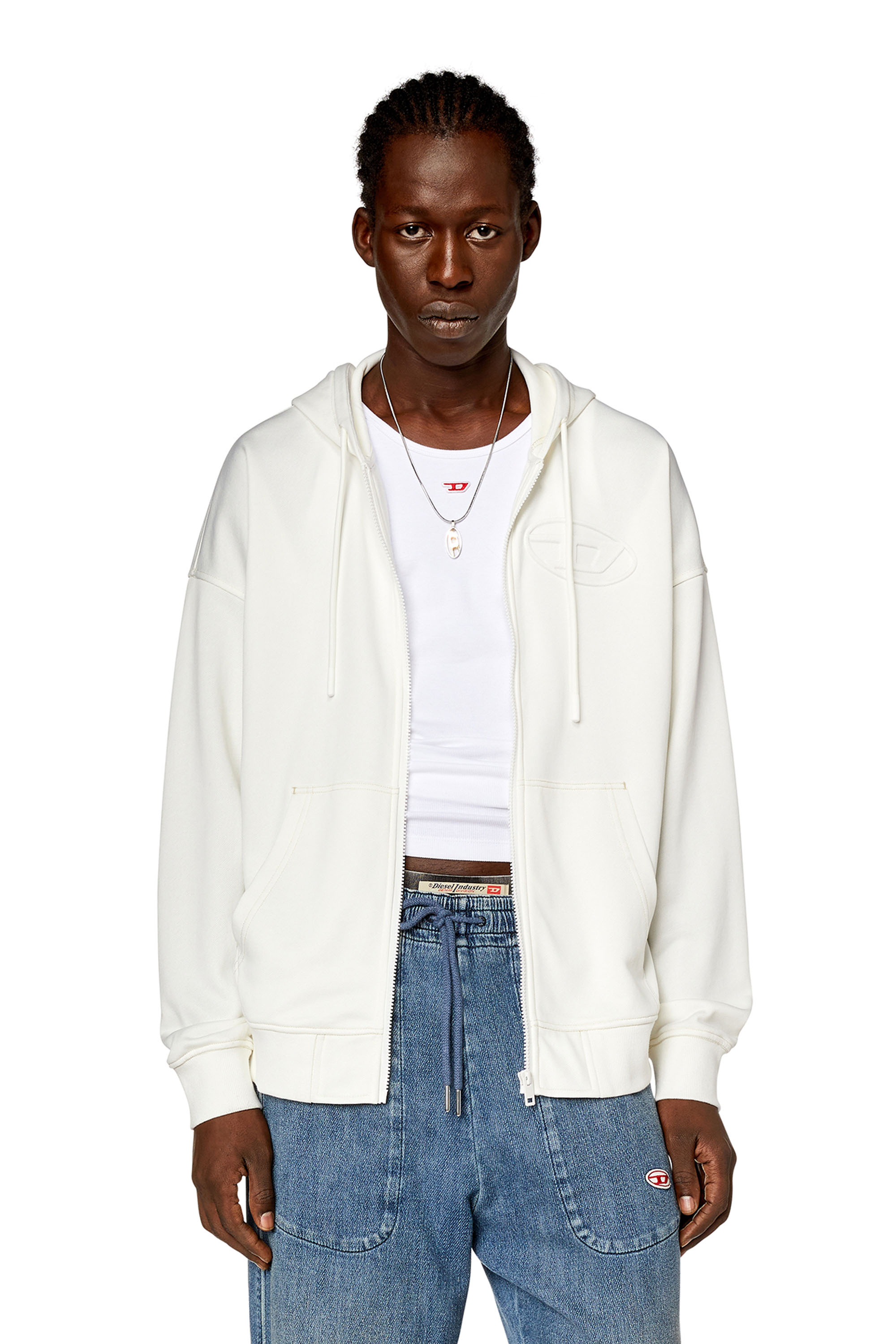 Diesel - Sweat-shirt à capuche zippé avec logo Oval D embossé - Pull Cotton - Homme - Blanc