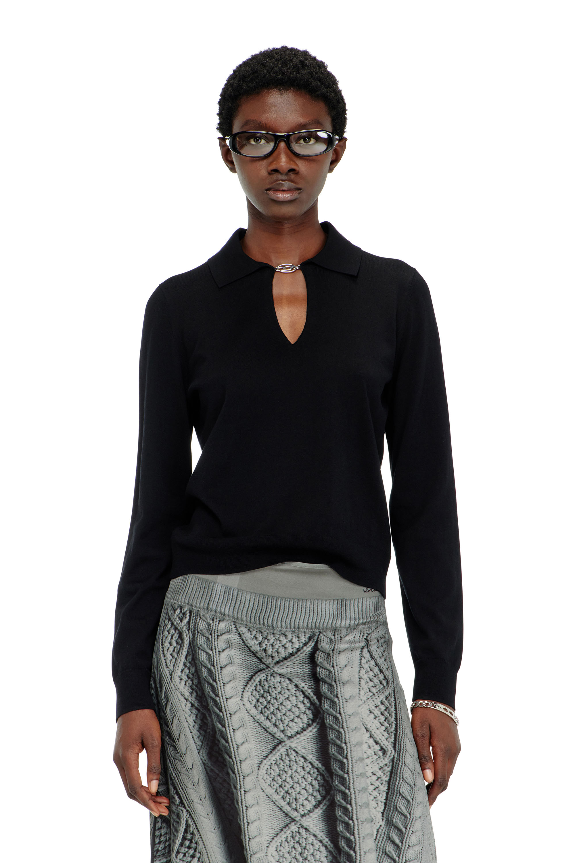 Diesel - Silk-blend polo jumper with Oval D plaque - T-Shirts - Woman - Black