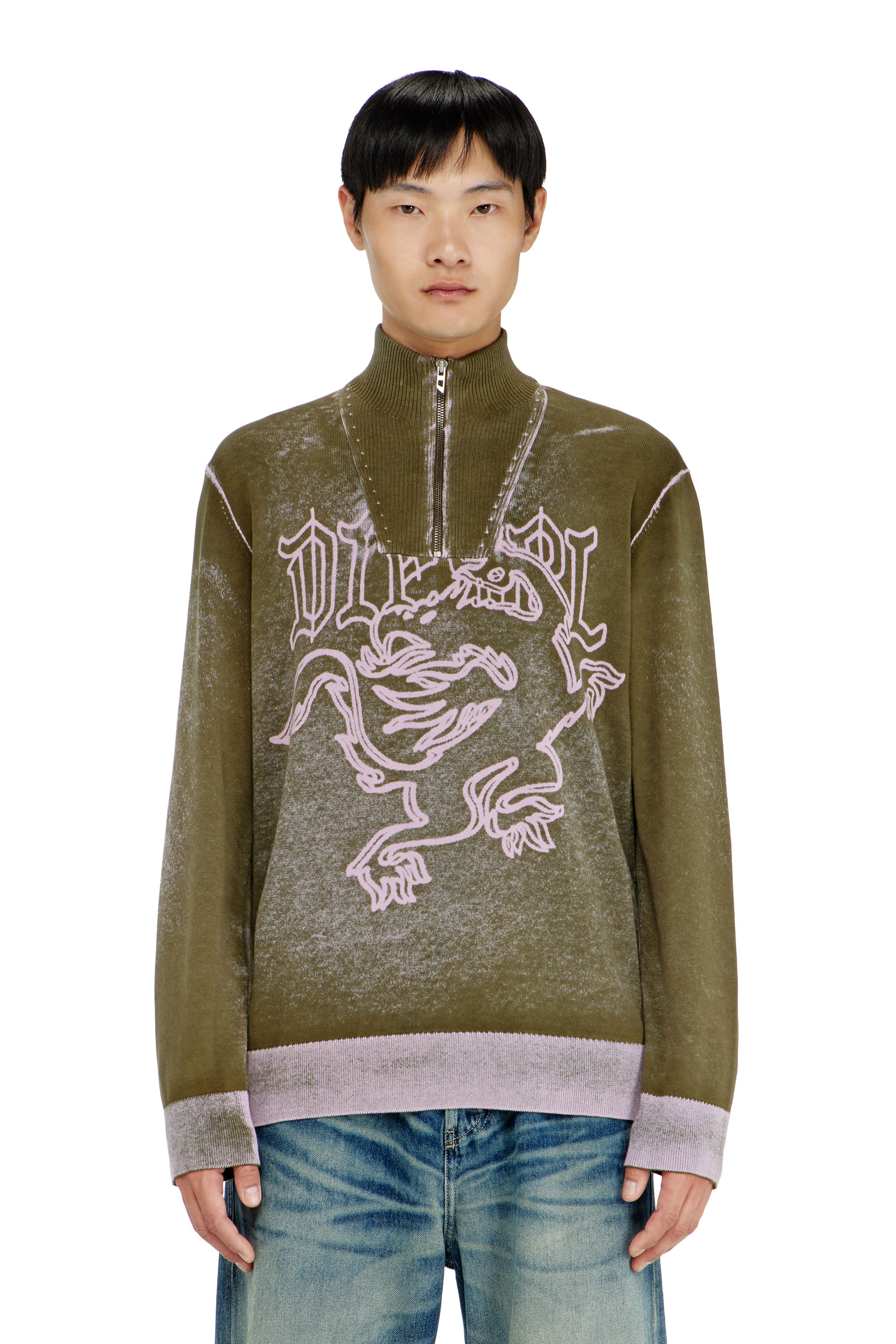 Diesel Men's Green - Treated Half-Zip Jumper With Griffin Motif - Knitwear - Man Extra Small