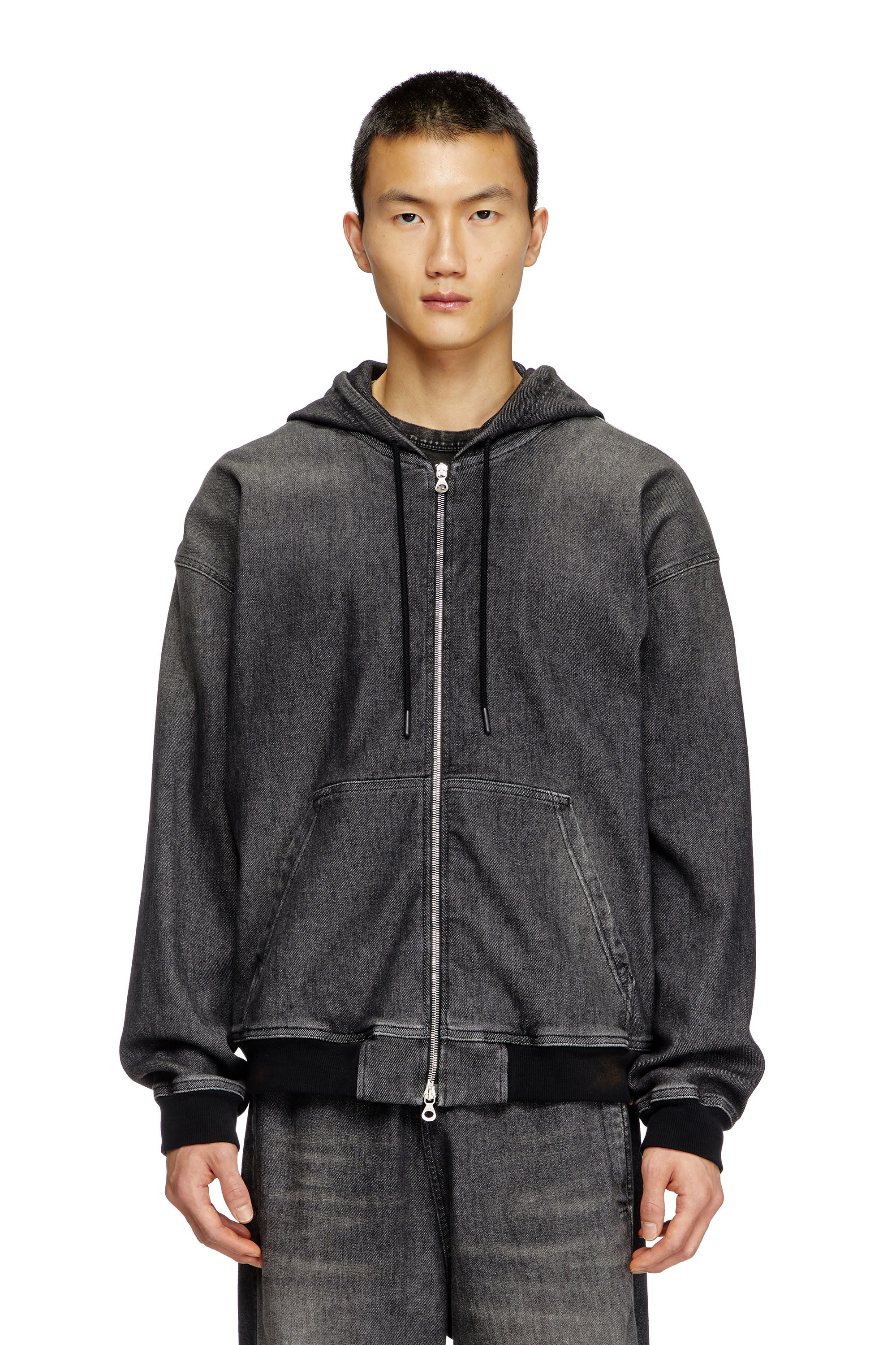 DIESEL ZIPPED HOODIE IN DIRT-EFFECT TRACK DENIM