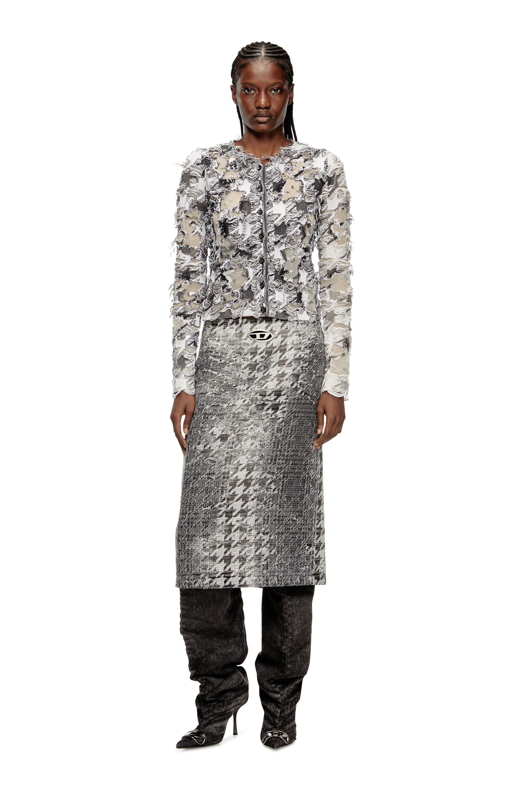 Diesel - DE- RATHIAN-FSH, Woman's Midi skirt in Prince of Wales jacquard denim in Black/White - 2