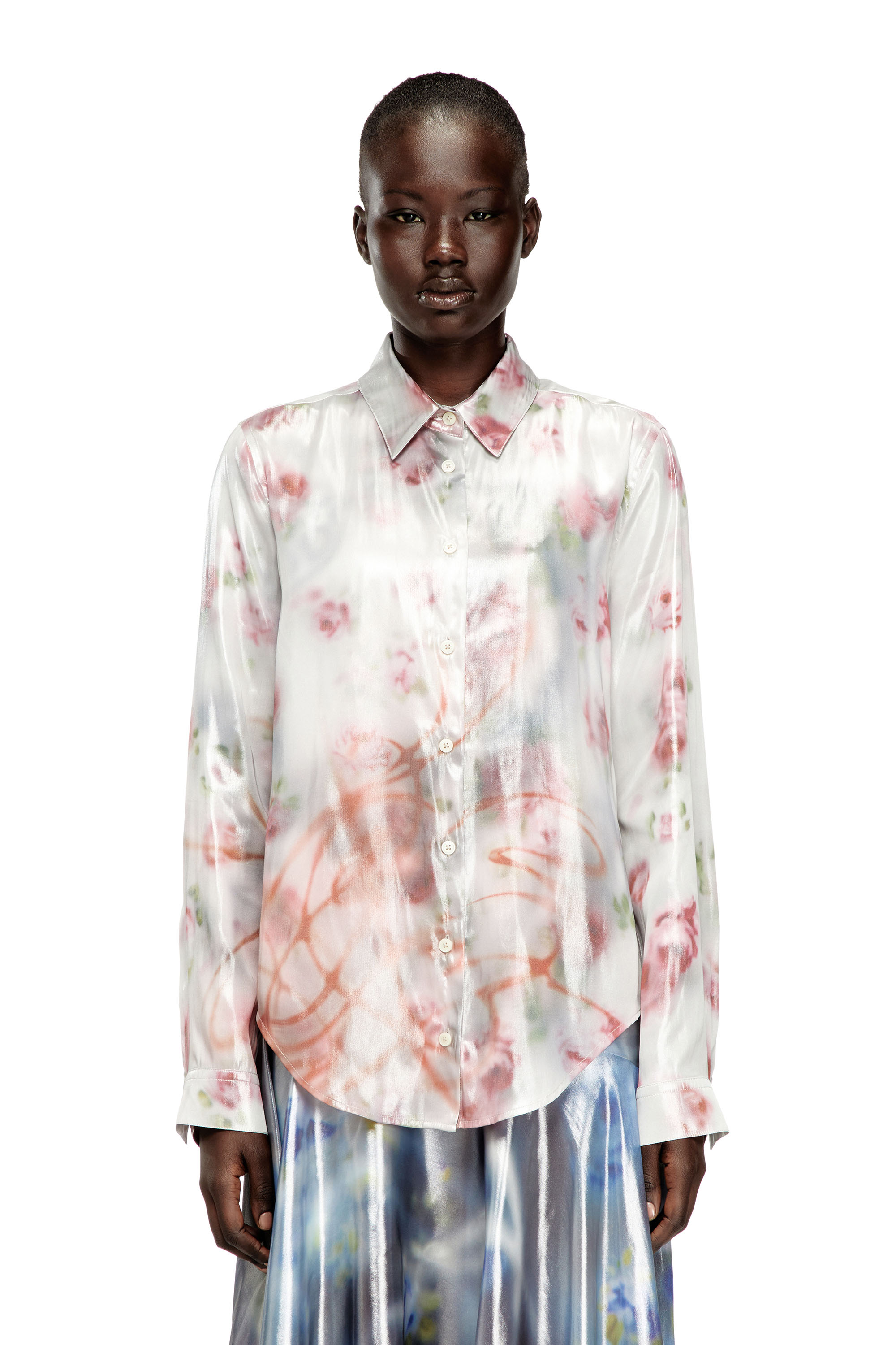 Diesel Women's Multicolor - Metallic Shirt With Blurred Roses Print - Shirts - Woman Size 44