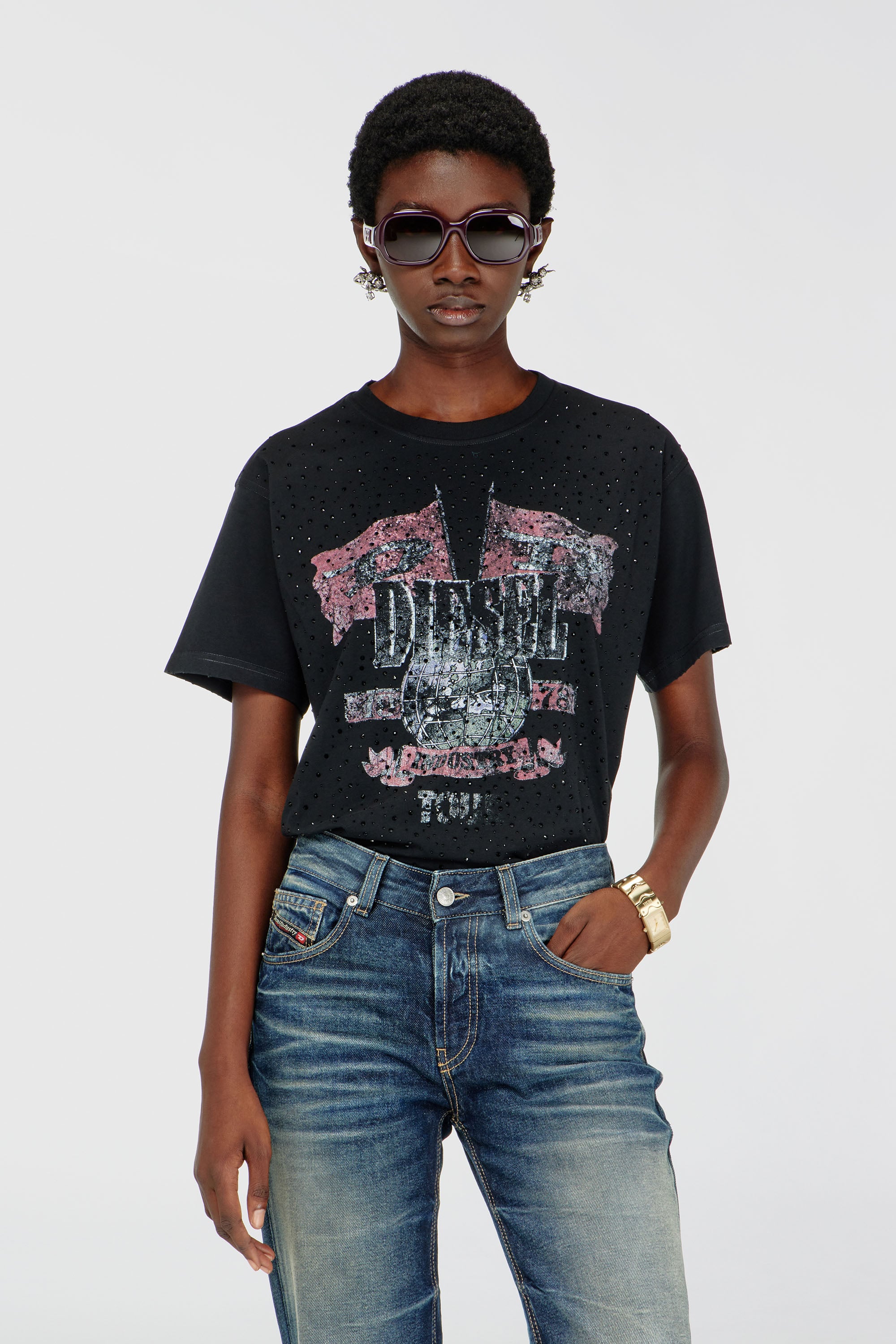 Diesel - T-shirt with concert graphics and crystals - T-Shirts - Woman - Black