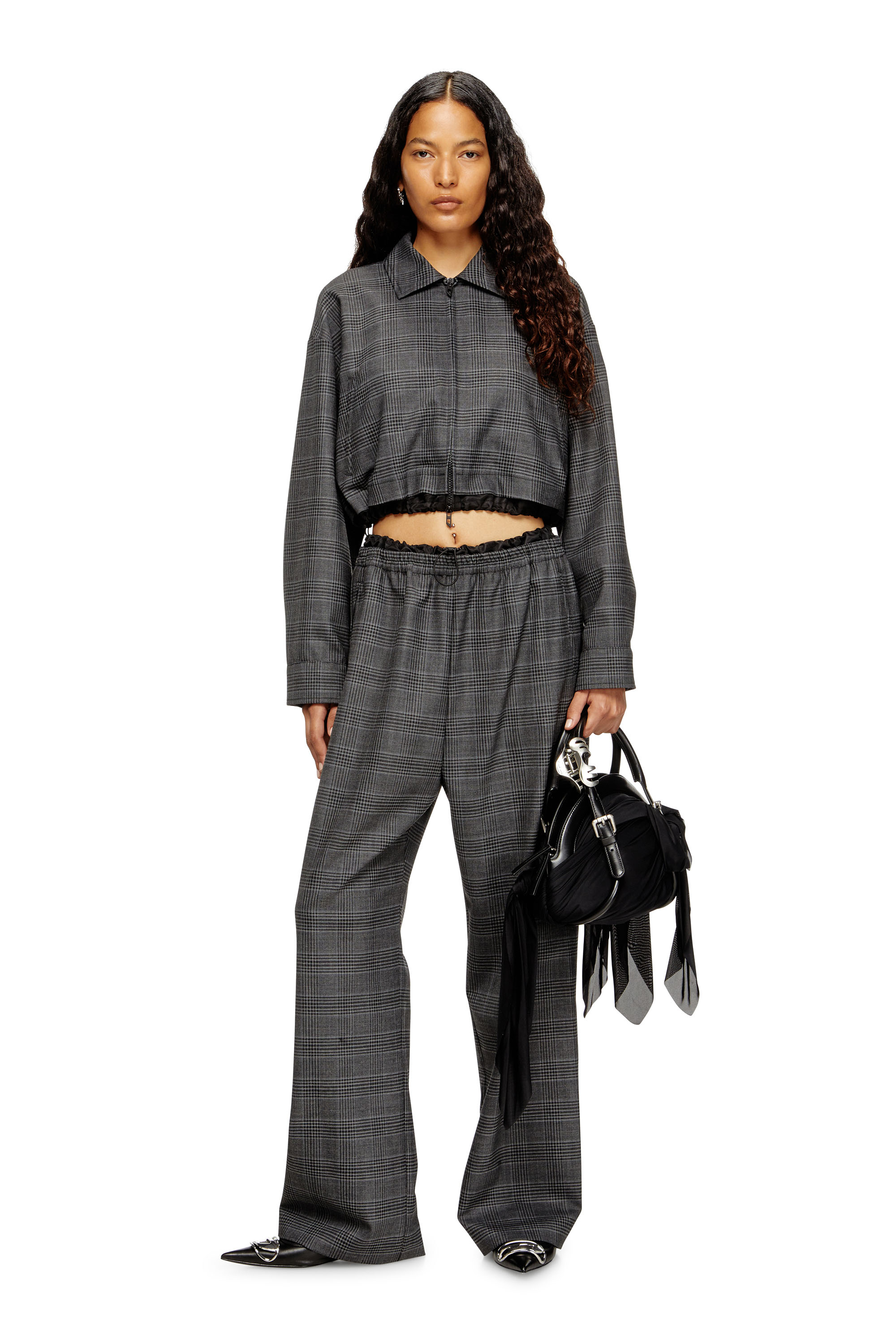 Diesel - J-TING-FEM, Woman's Cropped Prince of Wales wool-blend coach jacket in Black - 2