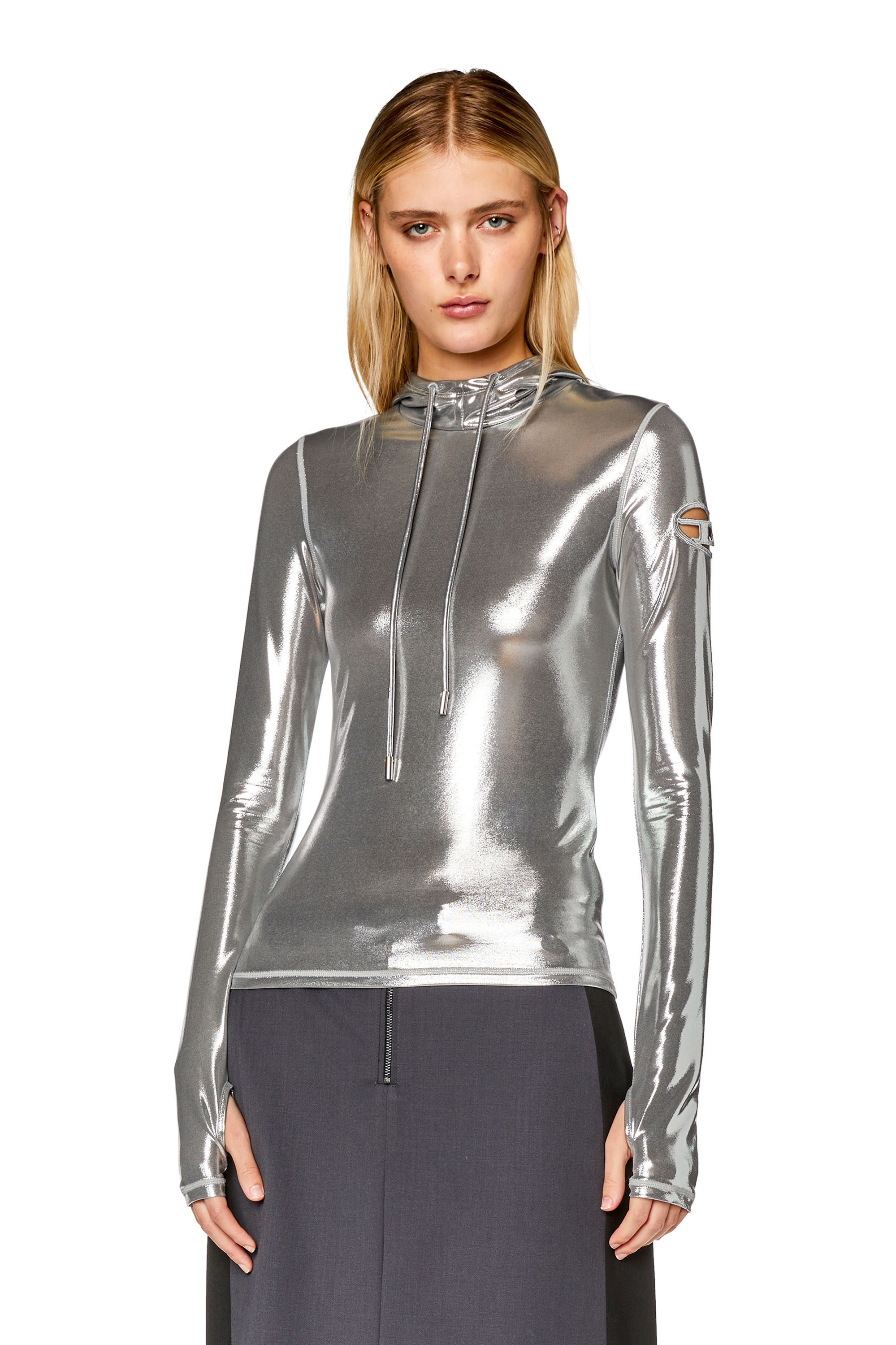 Diesel - Hoodie with shiny foil coating - Tops - Woman - Silver