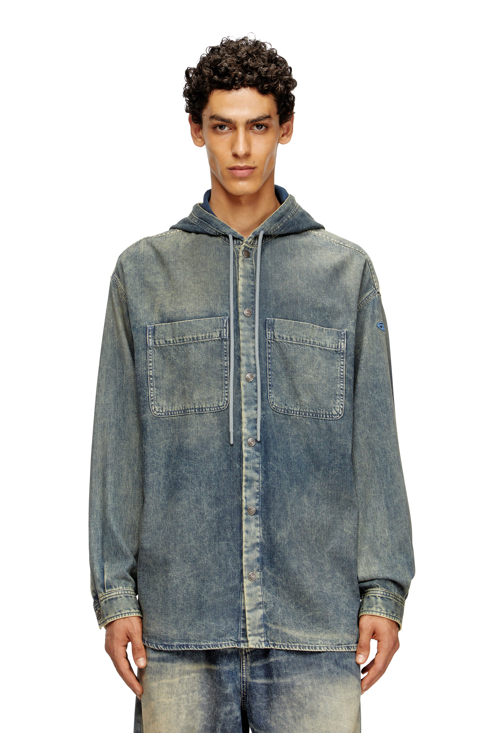 Diesel - D-DEWNY-HOOD-S2, Man's Overshirt in marbled coated denim in Medium blue - 1