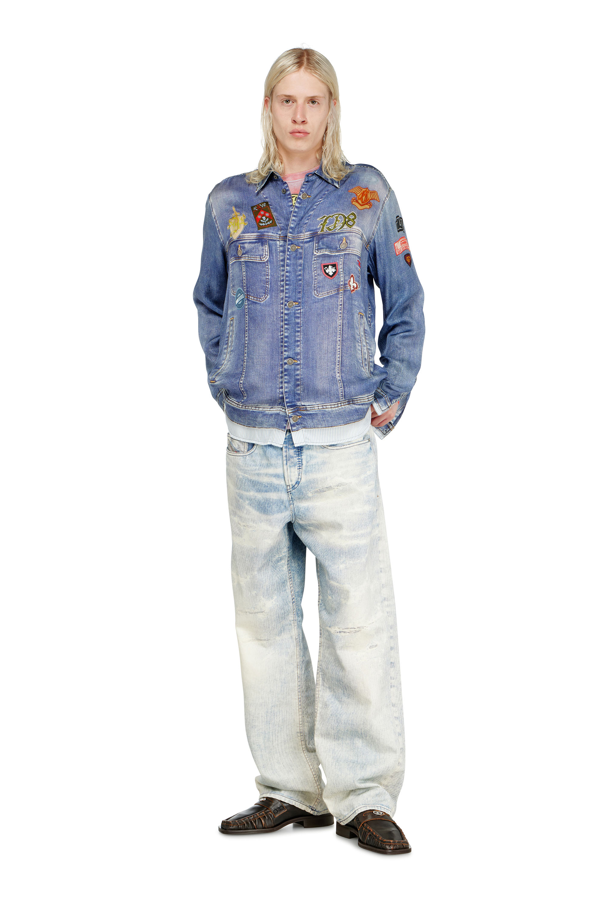 Diesel - S-SIMPLY-PATCH, Man's Satin shirt with trompe-l'oeil denim print in Medium blue - 1