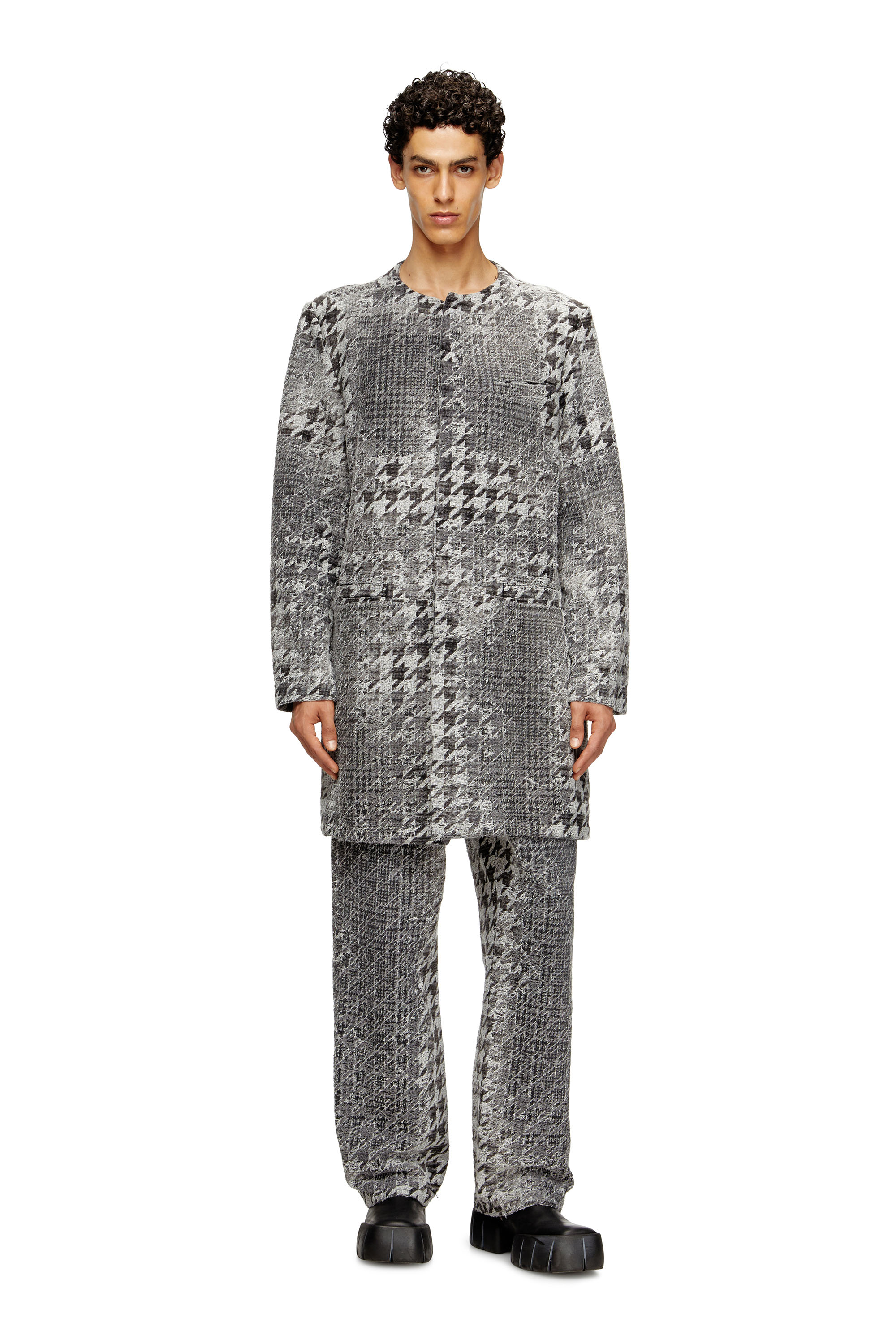 Diesel Coat In Prince Of Wales Jacquard Denim In Gray