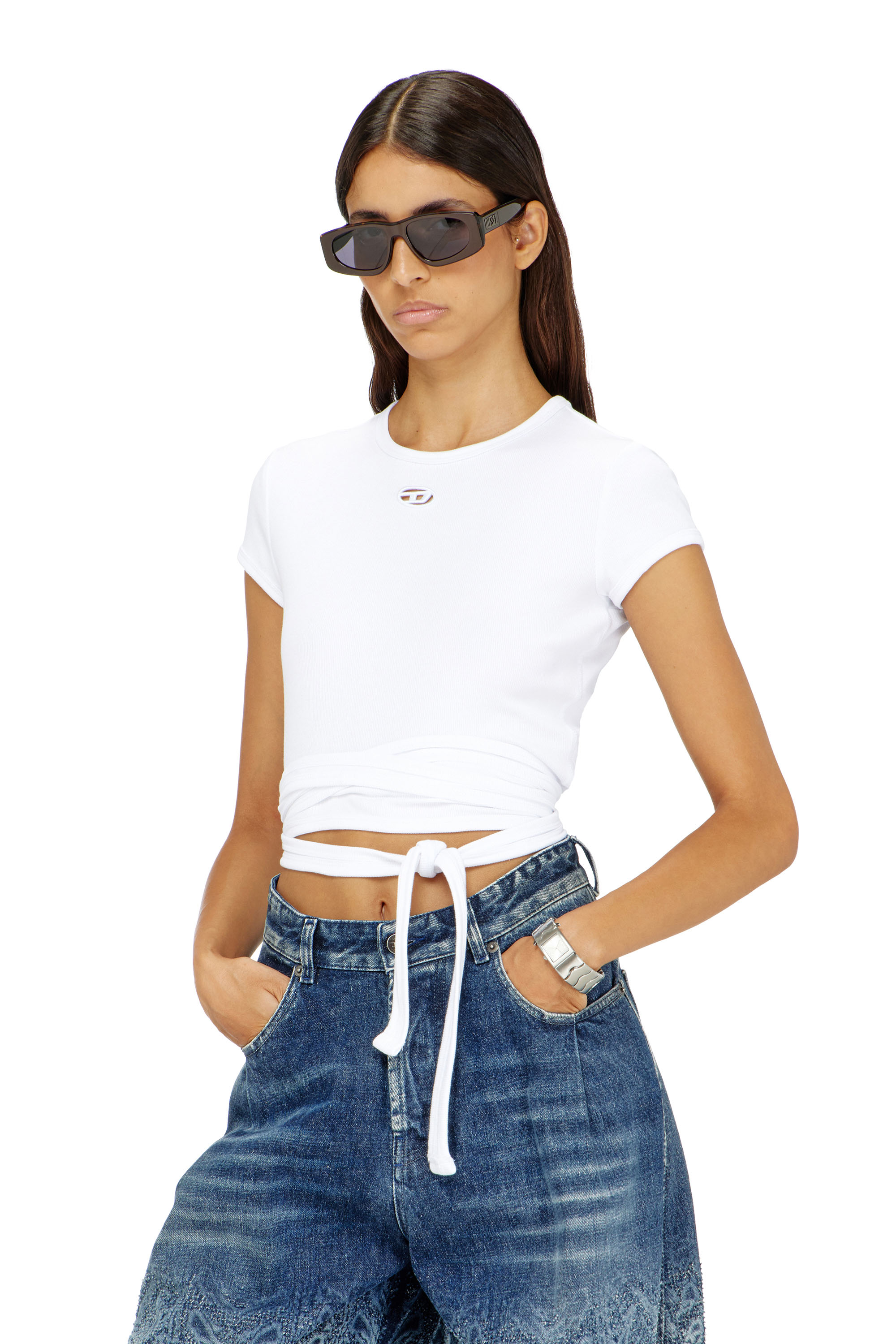 Diesel Women's White - Ribbed T-Shirt With Wrap-Around Laces - T-Shirts - Woman Large