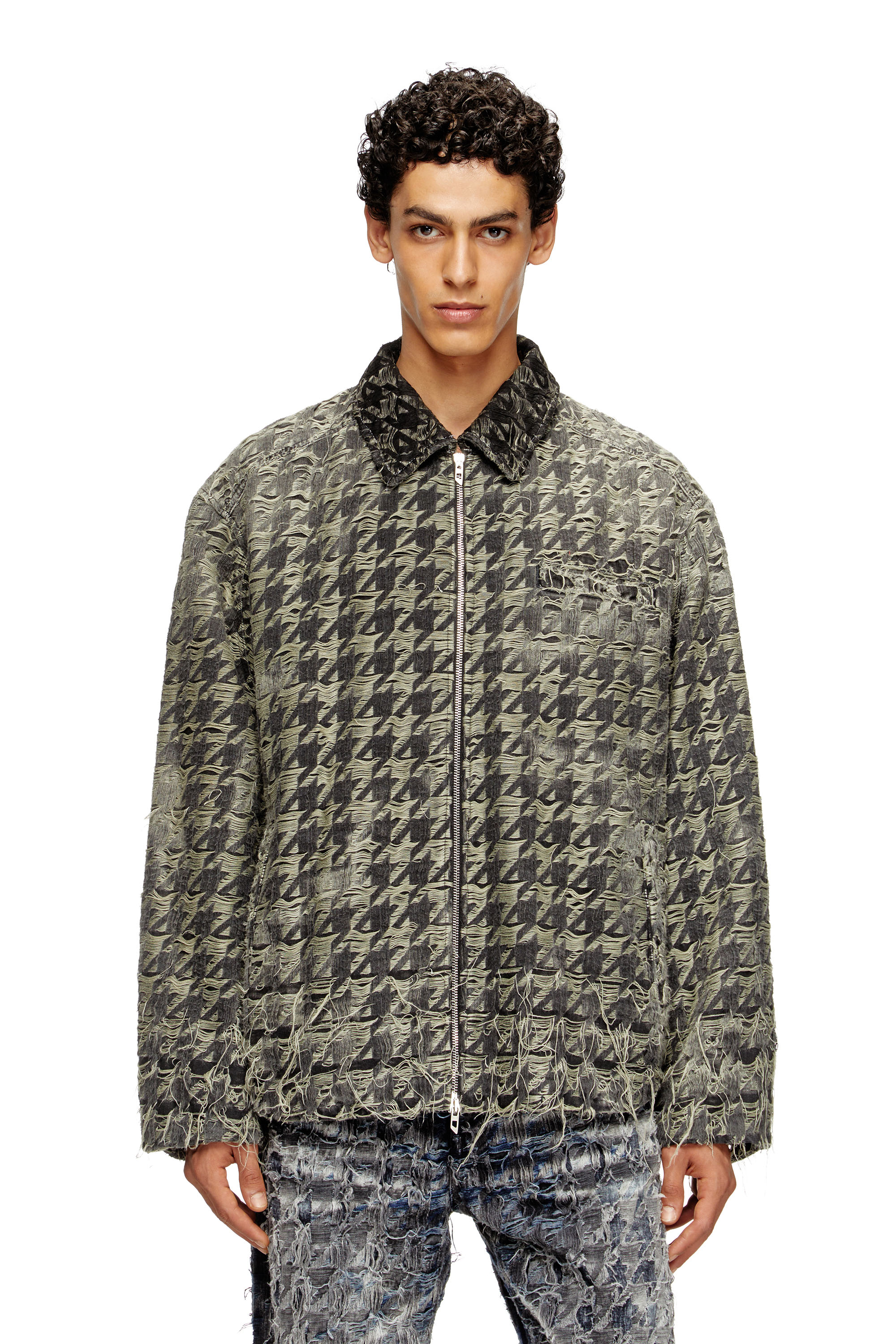 Diesel Houndstooth-pattern Frayed-edges Denim Jacket In Green