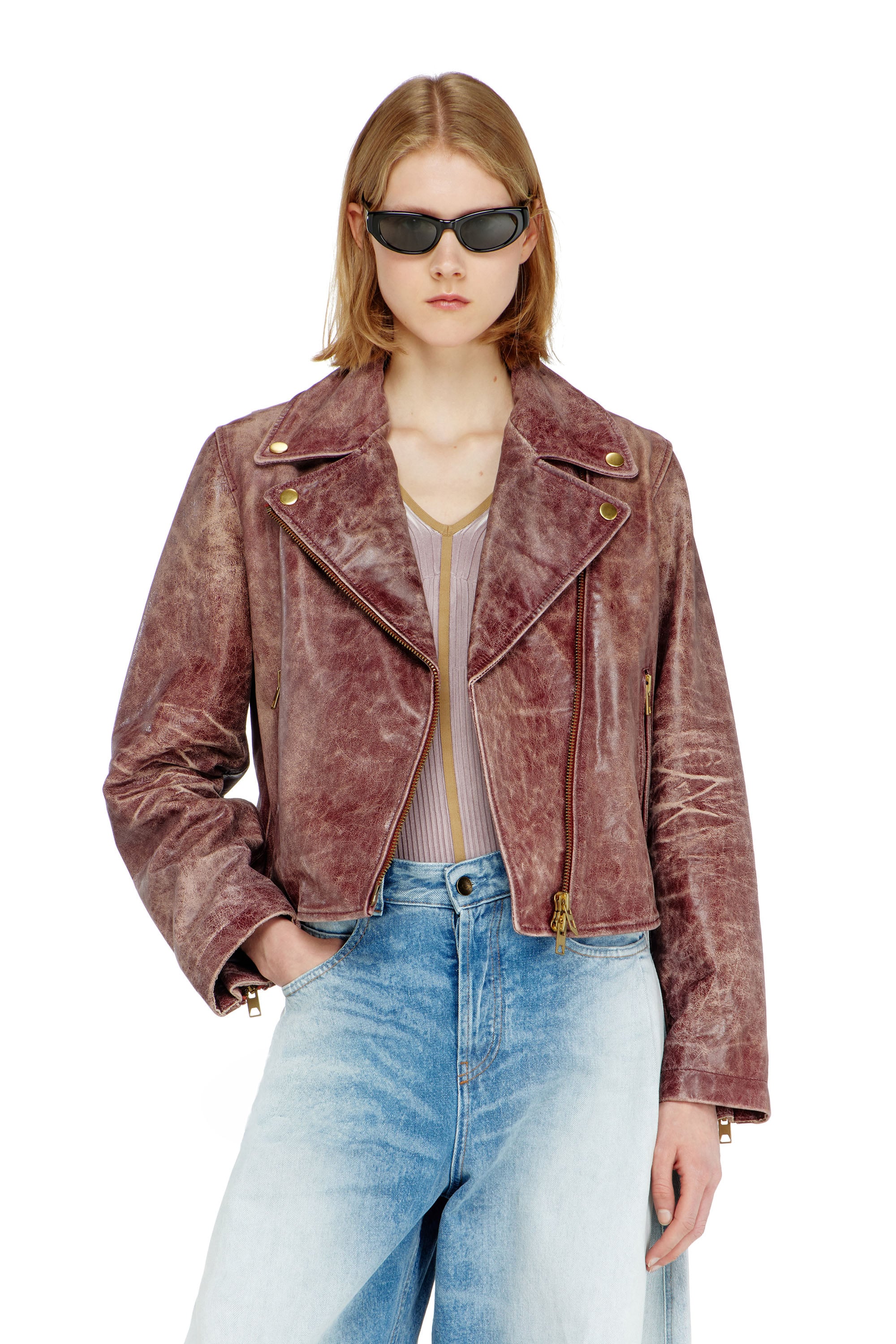 Diesel - Biker jacket in treated leather - Leather jackets - Woman - Red