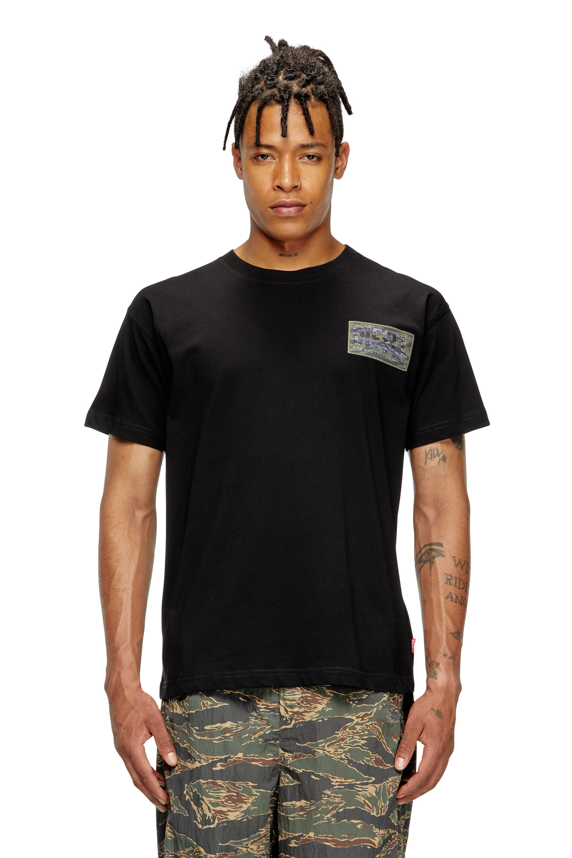 Diesel Men's Black - T-Shirt With Camo Logo Patch - T-Shirts - Man Extra Large