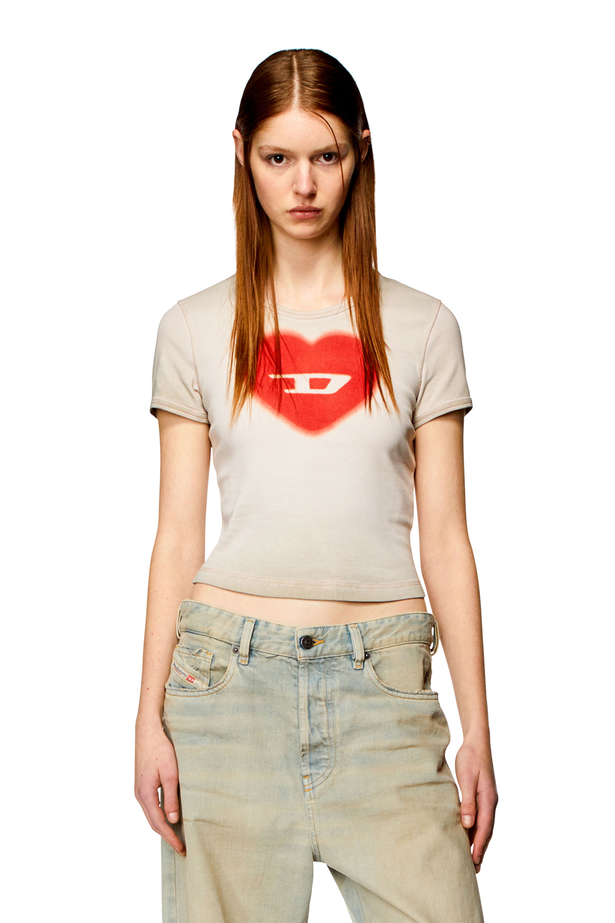 Diesel Women's Beige - Ribbed T-Shirt With Watercolour Heart D - T-Shirts - Woman Medium