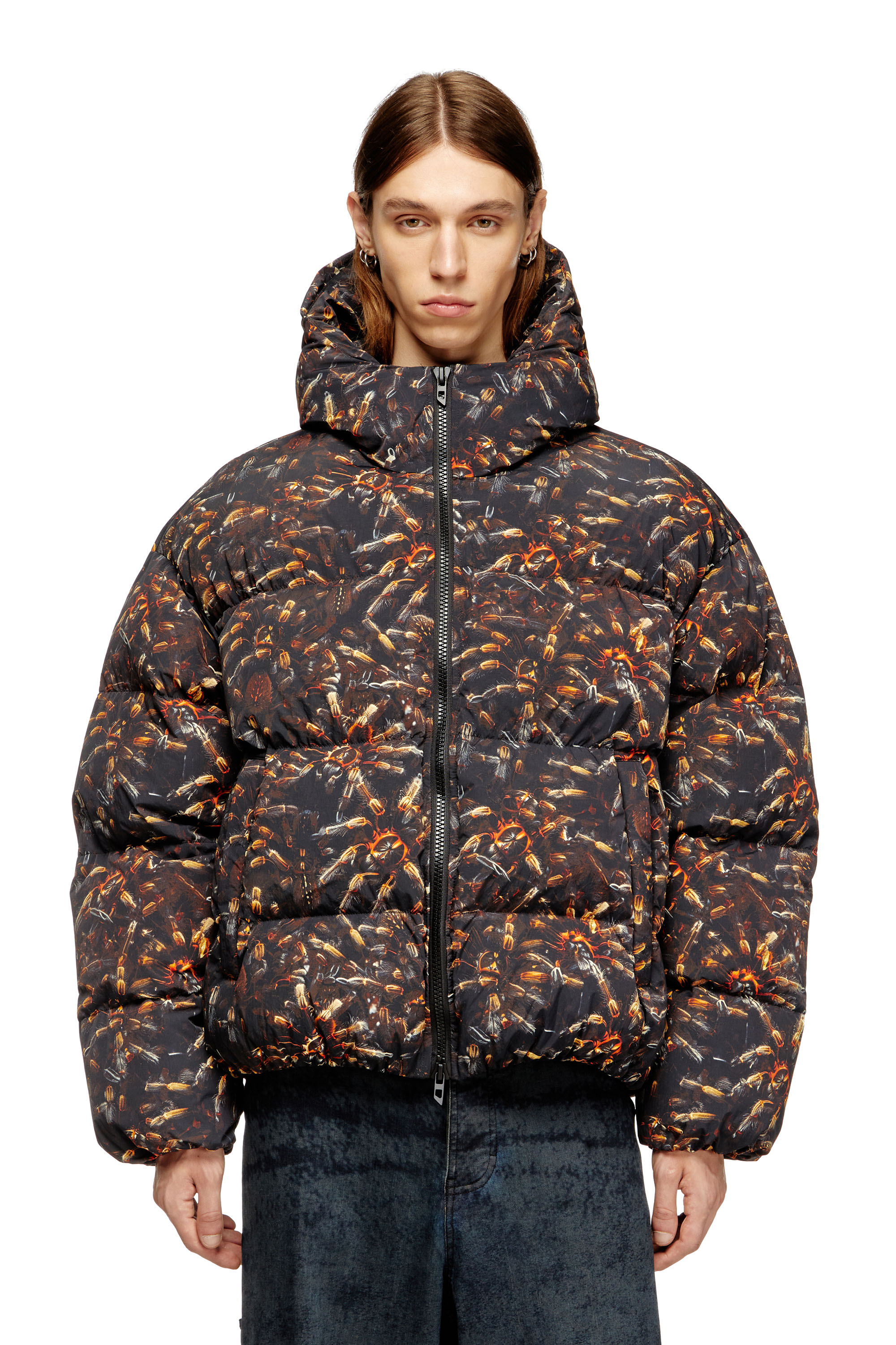 Diesel Hooded Puffer Jacket With Spider Print In Blue