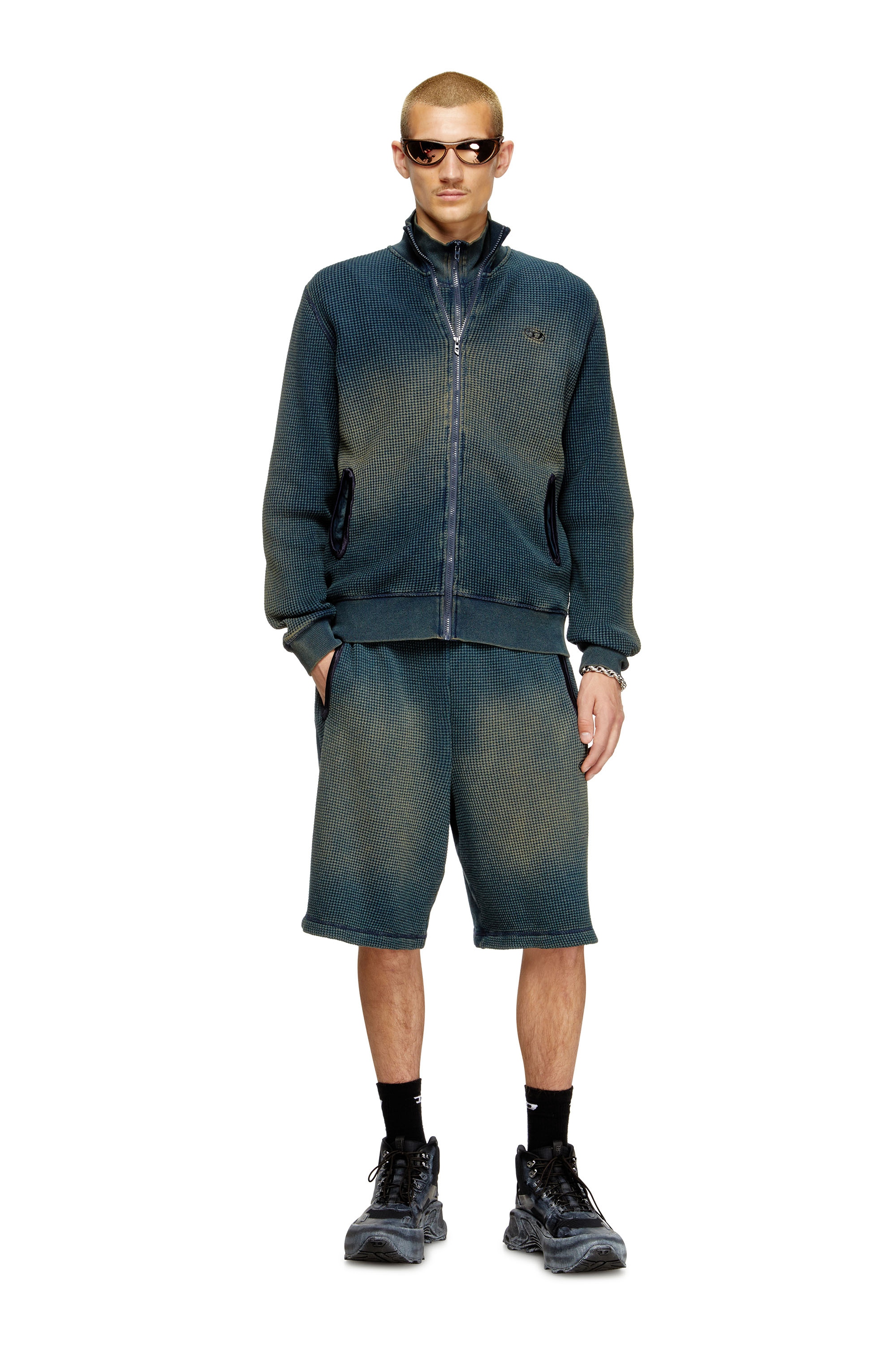 Diesel - S-WAFY-ZIP, Man's Waffle and jersey zip-up sweatshirt in Dark Blue - 1