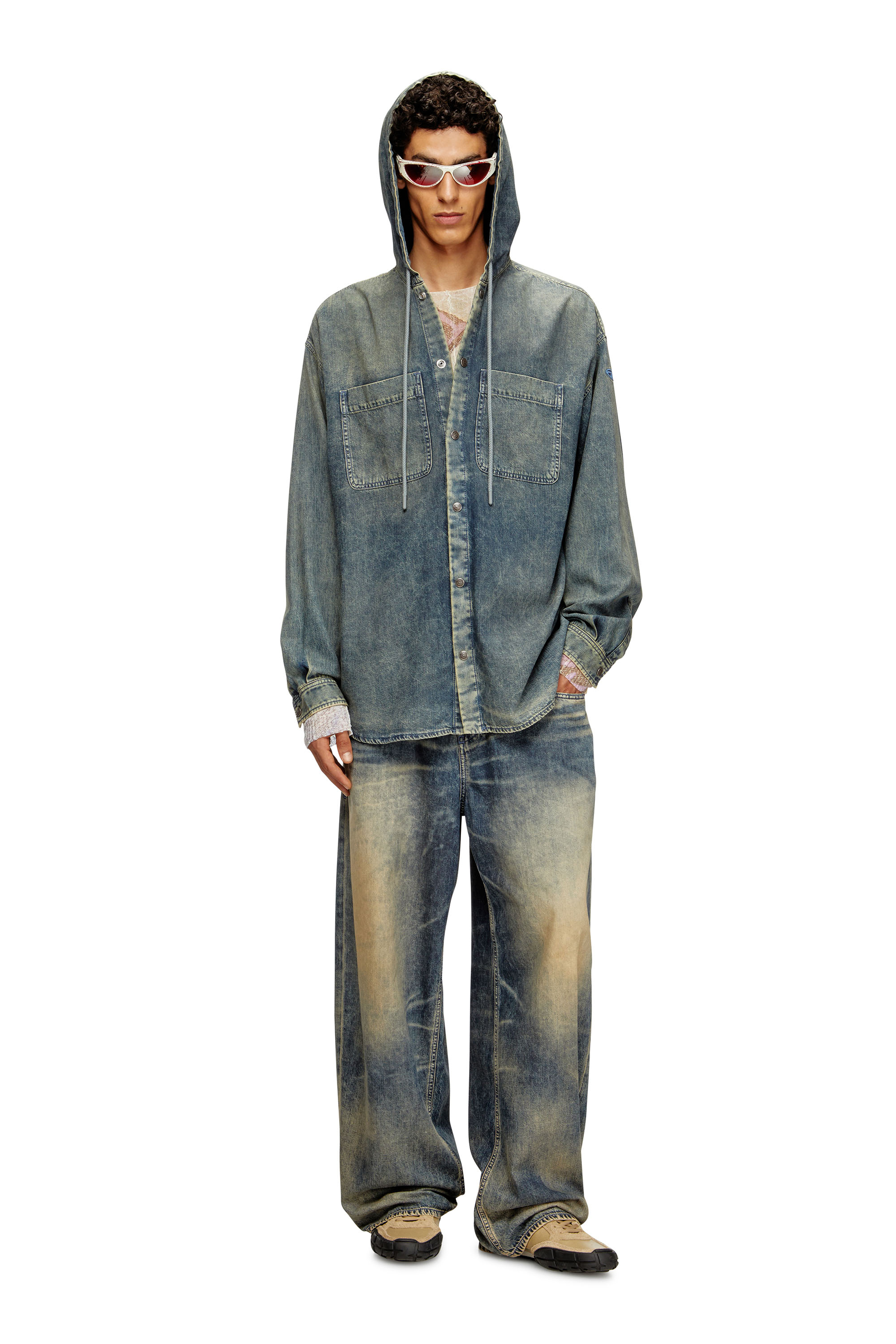 Diesel - D-DEWNY-HOOD-S2, Man's Overshirt in marbled coated denim in Medium blue - 2