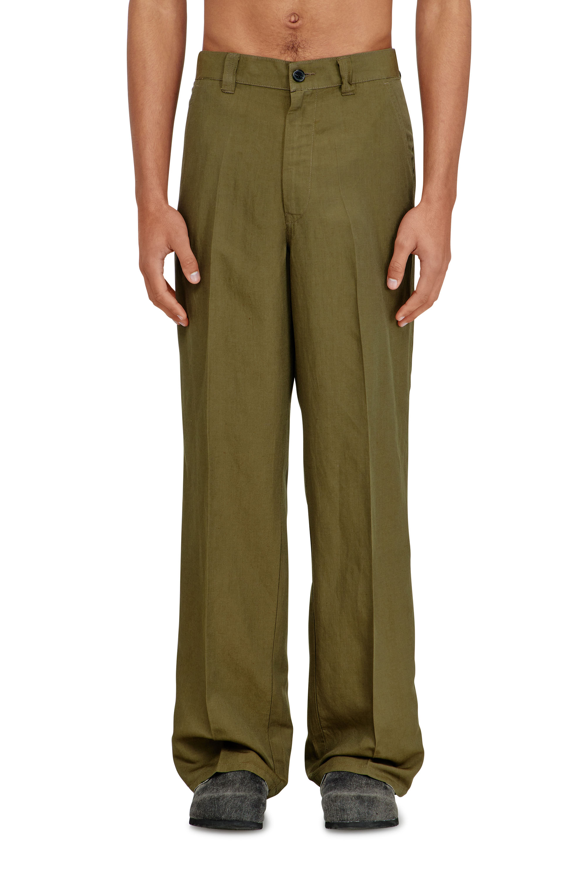 Diesel - P-HANT-CHINO-PGBS, Man's Linen-blend pants with wide leg in Green - 2