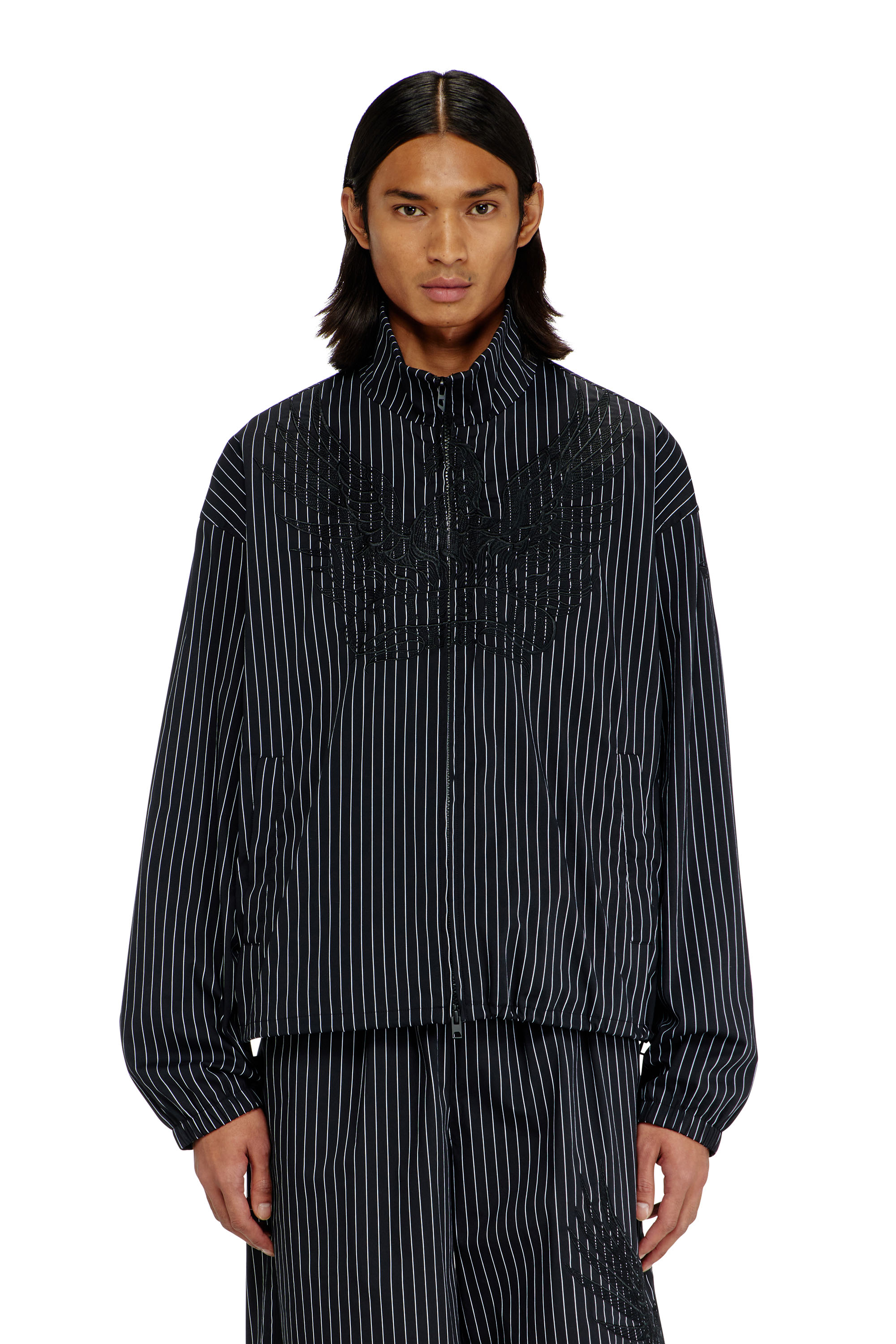 Diesel Men's Black - Nylon Pinstripe Jacket With Phoenix Embroidery - Jackets - Man Size 52