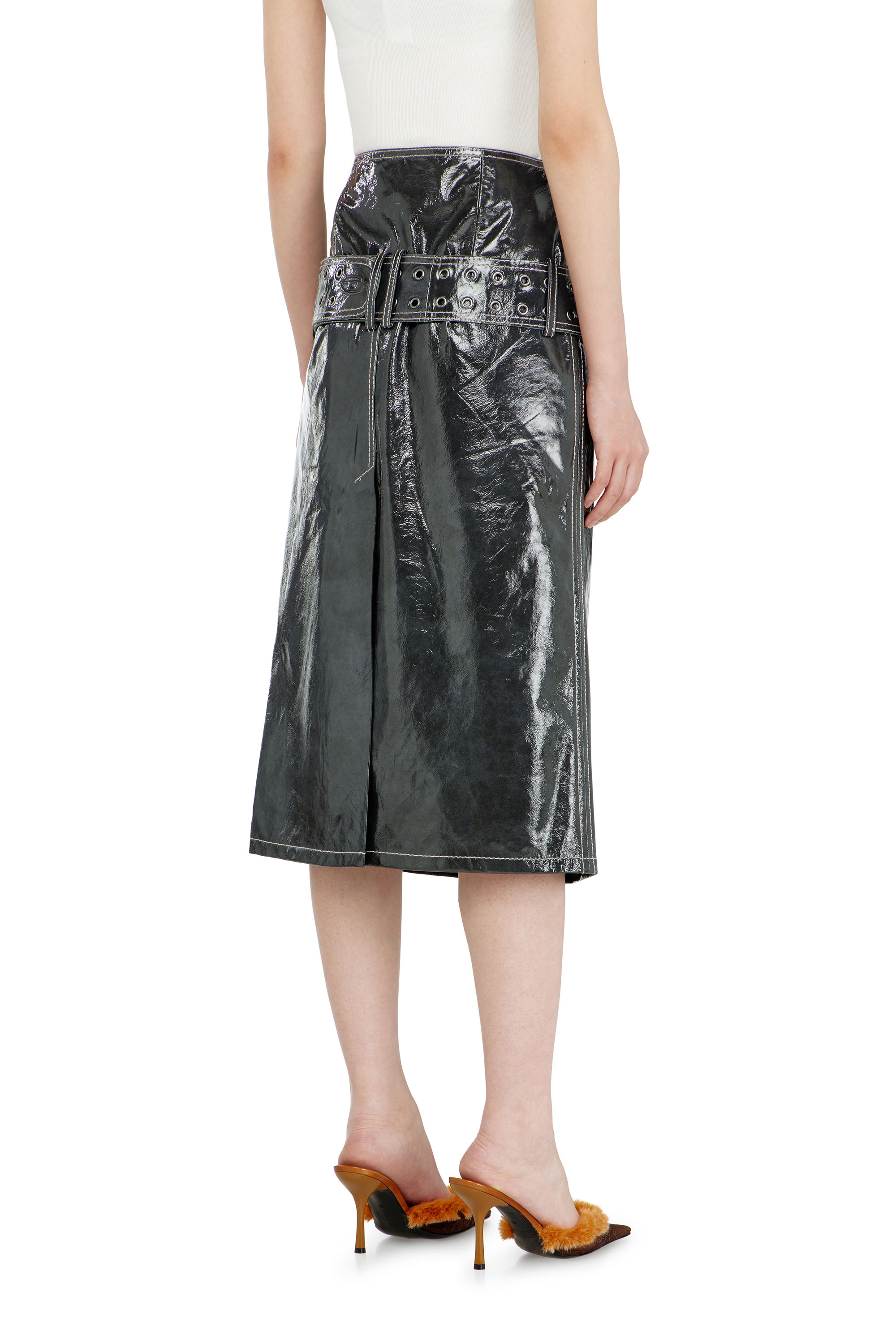 Diesel - L-ASCAR, Woman's Patent-leather midi skirt with belt in Dark grey - 4