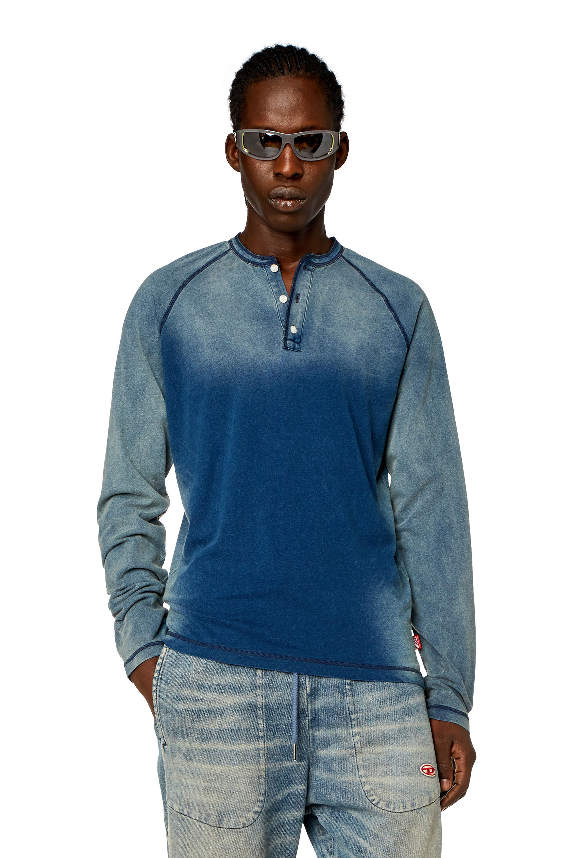 Diesel - Henley T-shirt with sun-faded effect - T-Shirts - Man - Blue