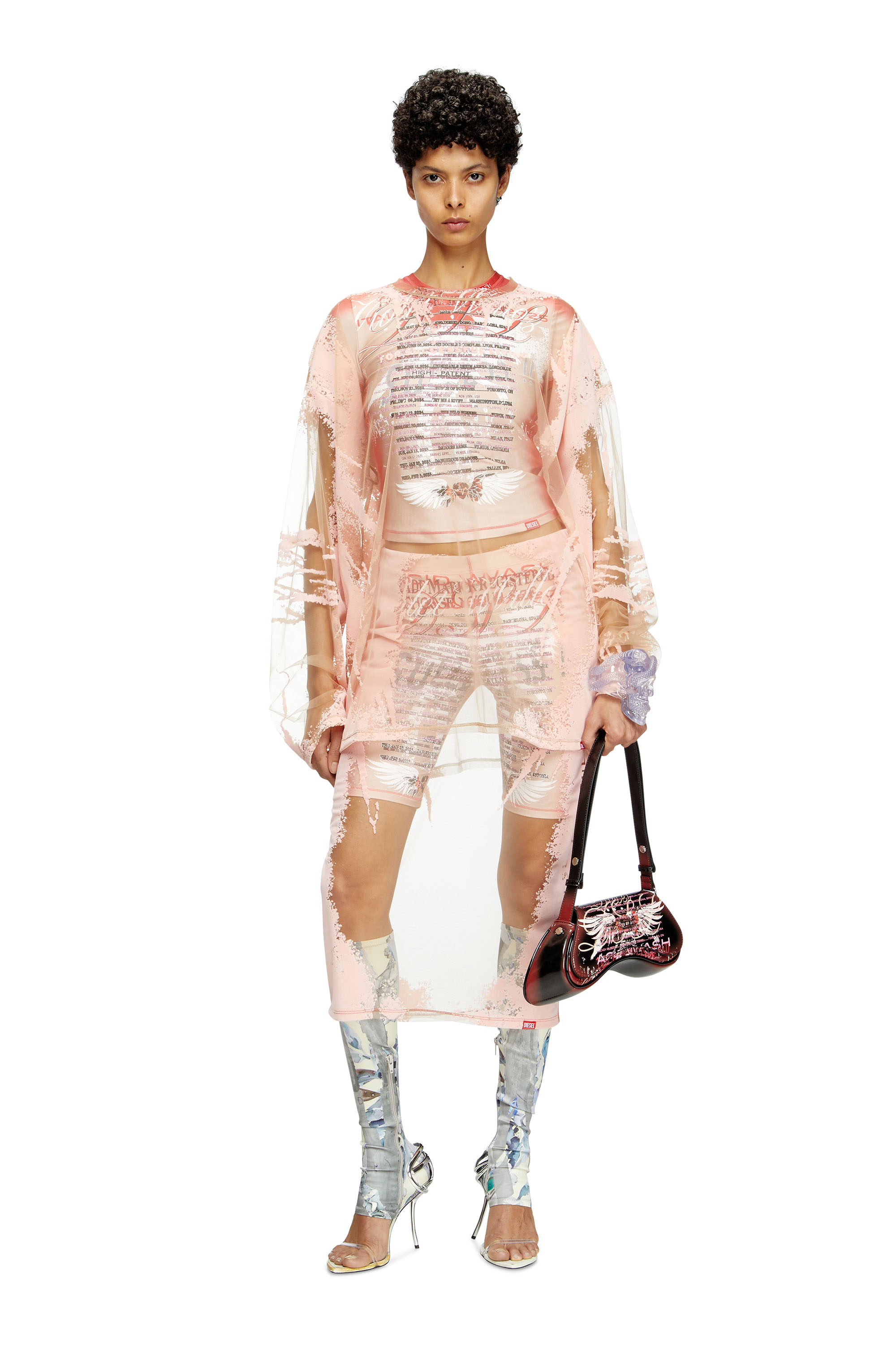 Diesel - T-HASSAN-LS-A, Unisex's Long-sleeve nylon T-shirt with lyrics print in Pink - 4