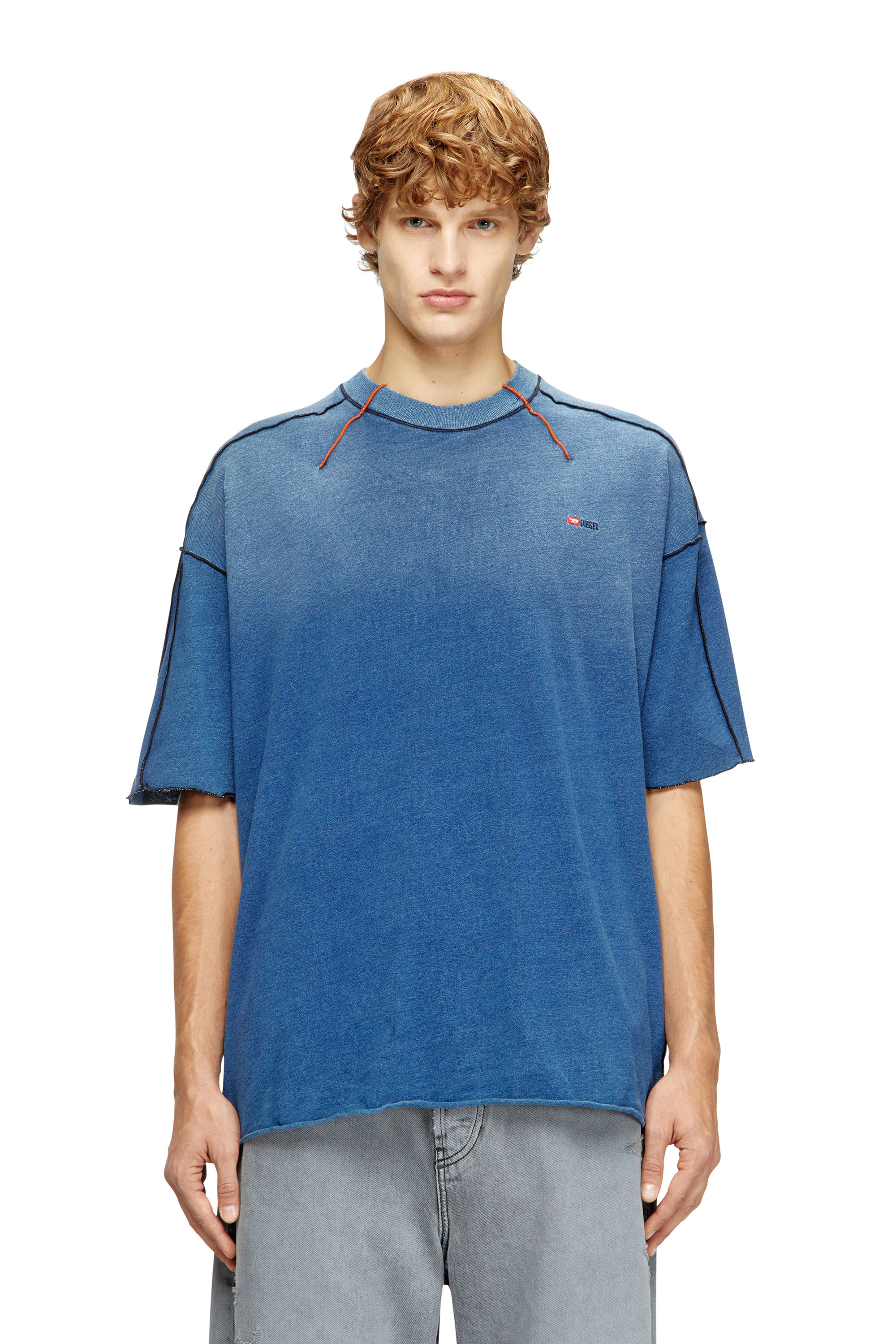 Diesel Men's Blue - Cotton T-Shirt With Contrasting Overlock Stitching - T-Shirts - Man Xxs