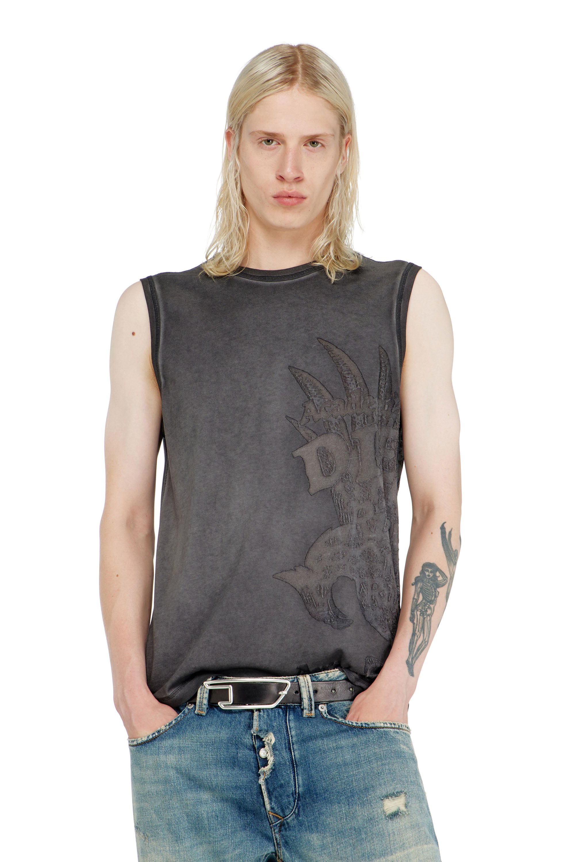 Diesel Homem Cinza - Sleeveless Jersey Top With Embossed Graphics - T-Shirts - Man Médio
