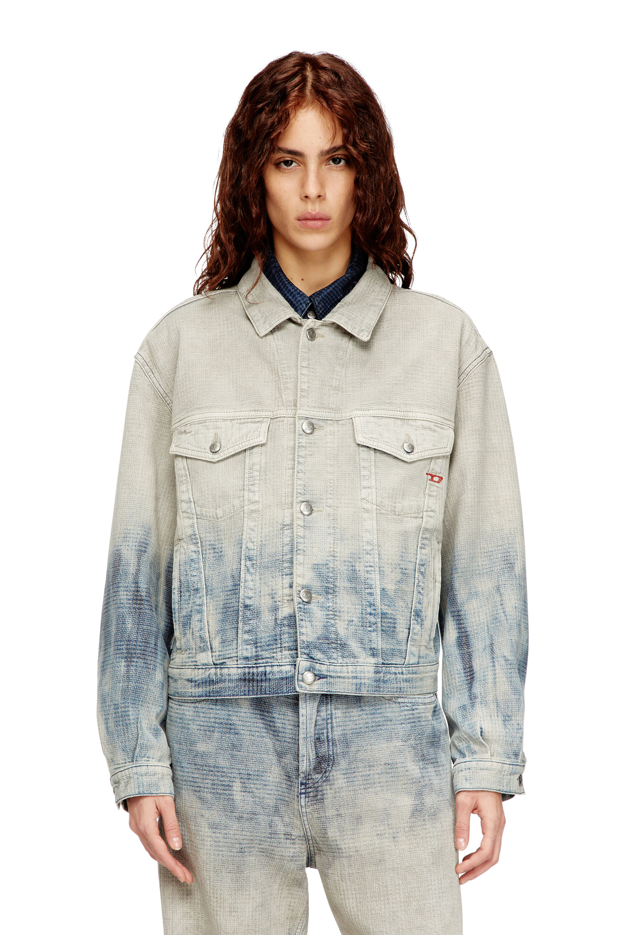 Diesel - D-RANGER, Unisex's Trucker jacket in Prince of Wales jacquard denim in Grey/Blue - 2