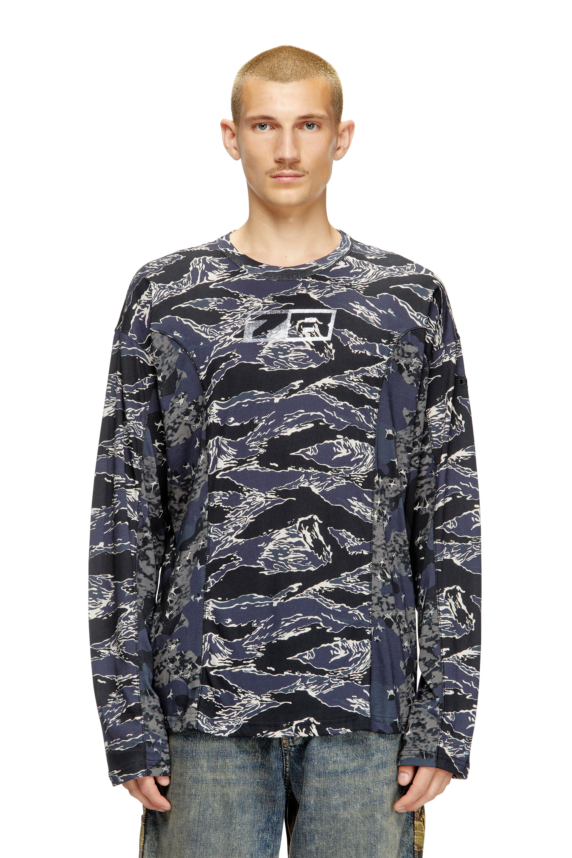 Diesel - T-BOXT-LS-CURT, Man's Long-sleeve T-shirt with mixed camo prints in Dark Blue - 1