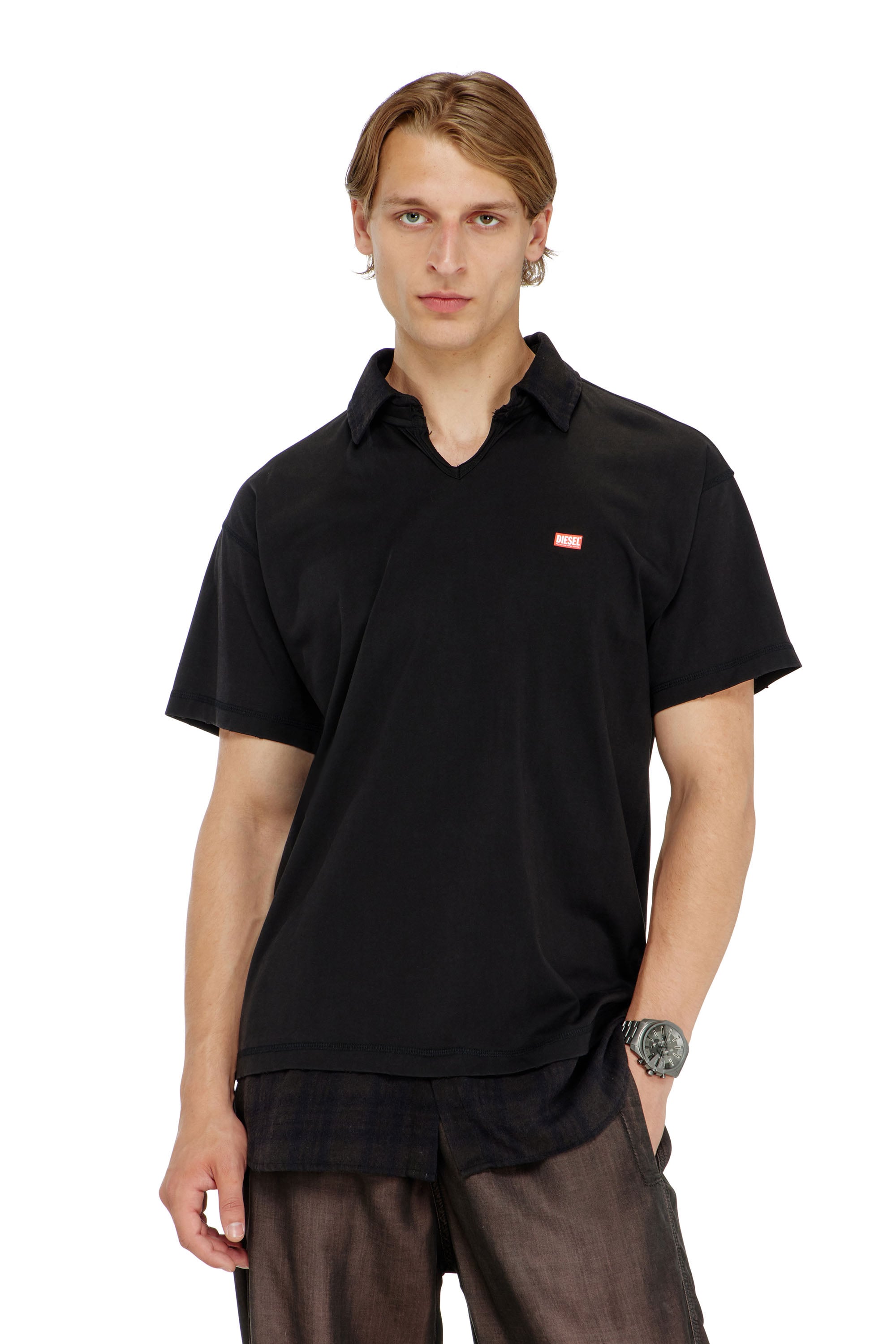 Diesel Miesten Musta - Jersey Polo Shirt With Check Flannel Trims - Polos - Man Suuri
