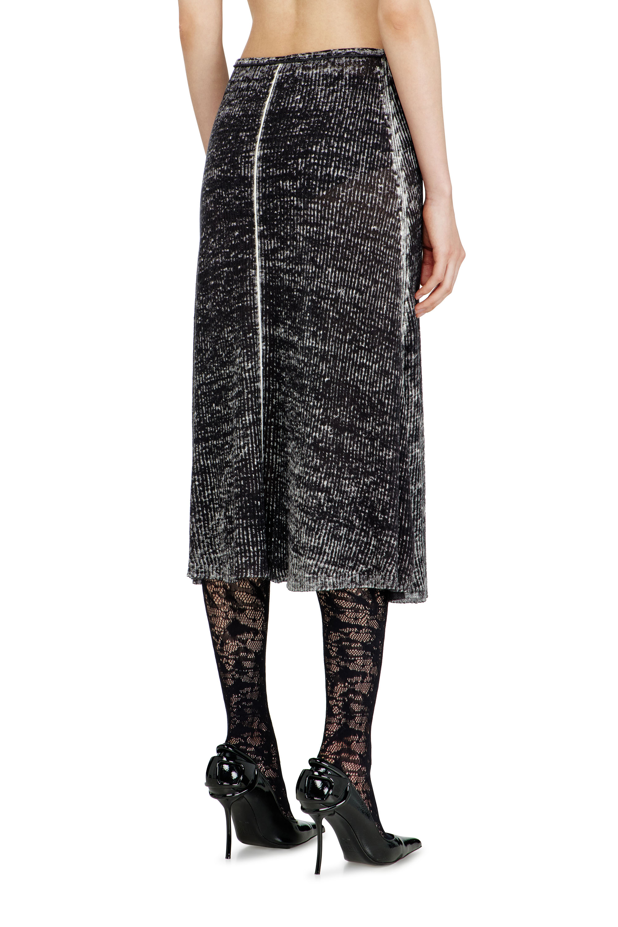 Diesel - M-LIVETTE, Woman's Midi skirt in reverse-print linen knit in Black - 3