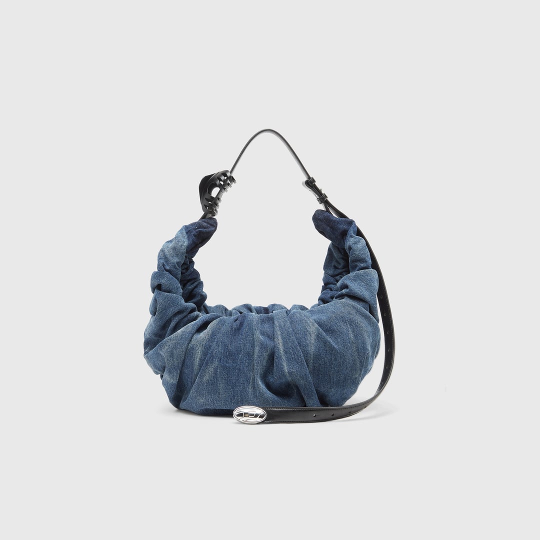 Diesel - Grab-D-Large scrunched hobo bag in treated denim - Shoulder Bags - Woman - Blue