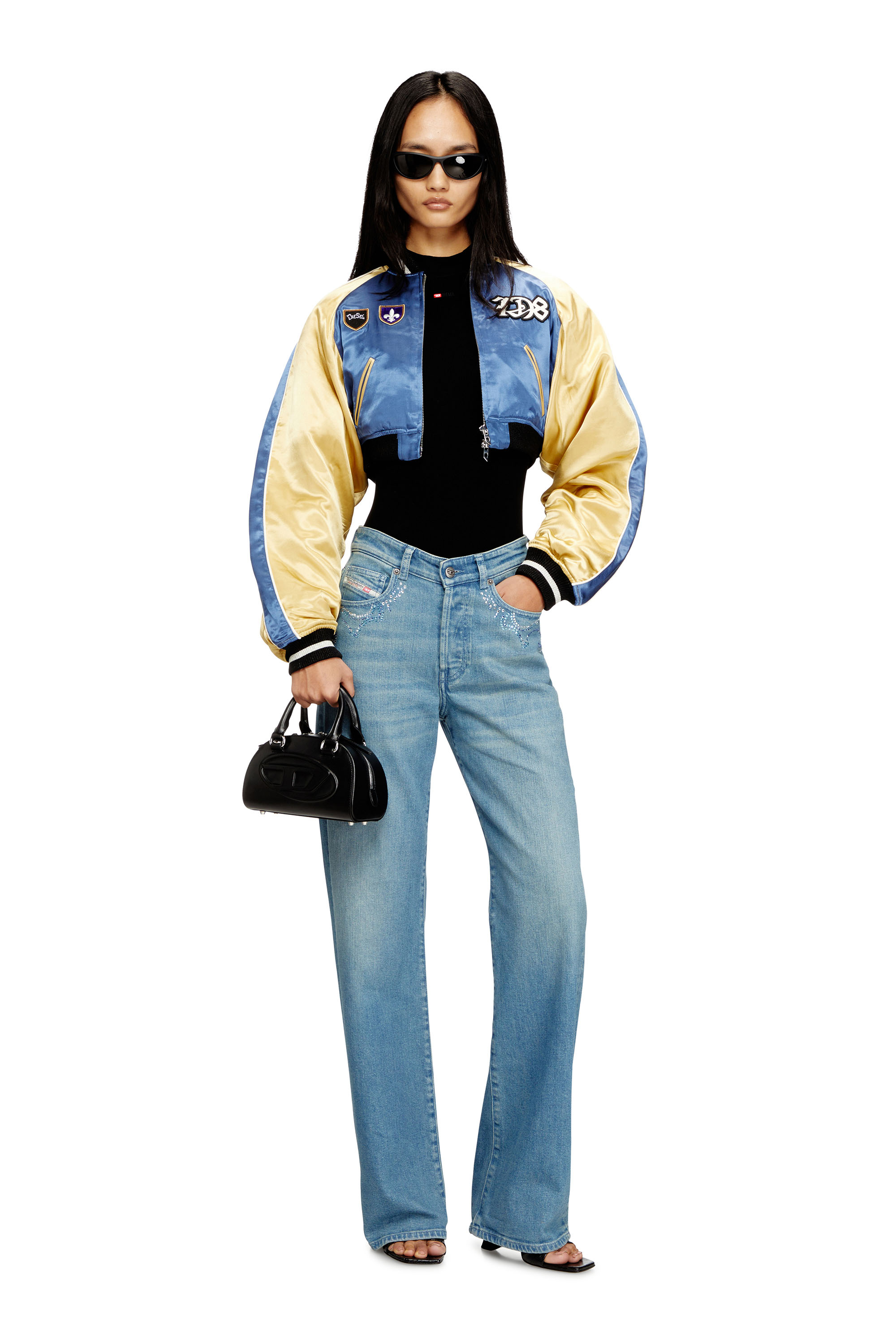 Diesel - G-OSPEL-CP, Woman's Cropped satin souvenir jacket in Blue/Yellow - 1