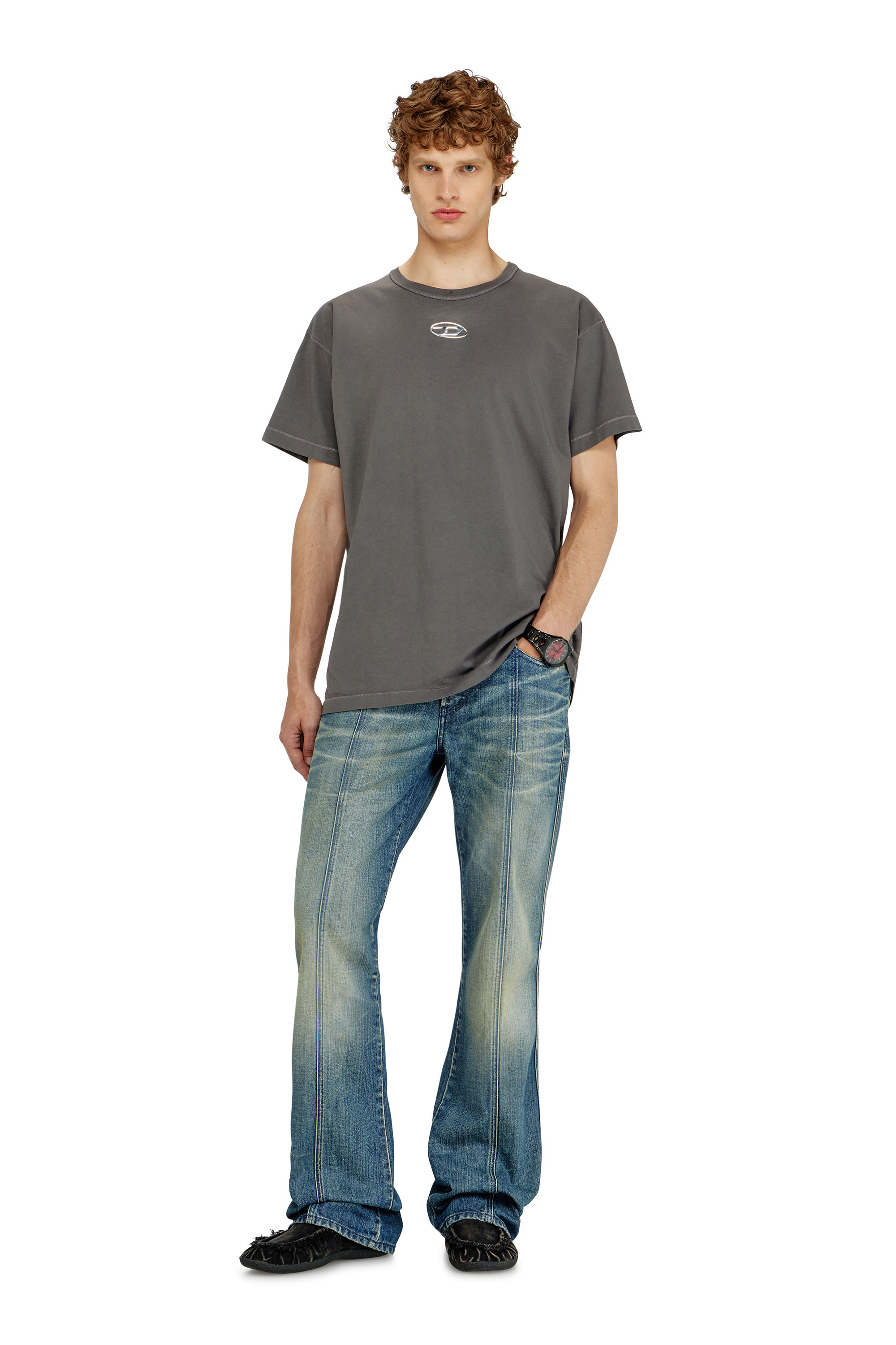 Diesel - T-NORM-IOD, Man's Light cotton T-shirt with metallic Oval D logo in Grey - 1