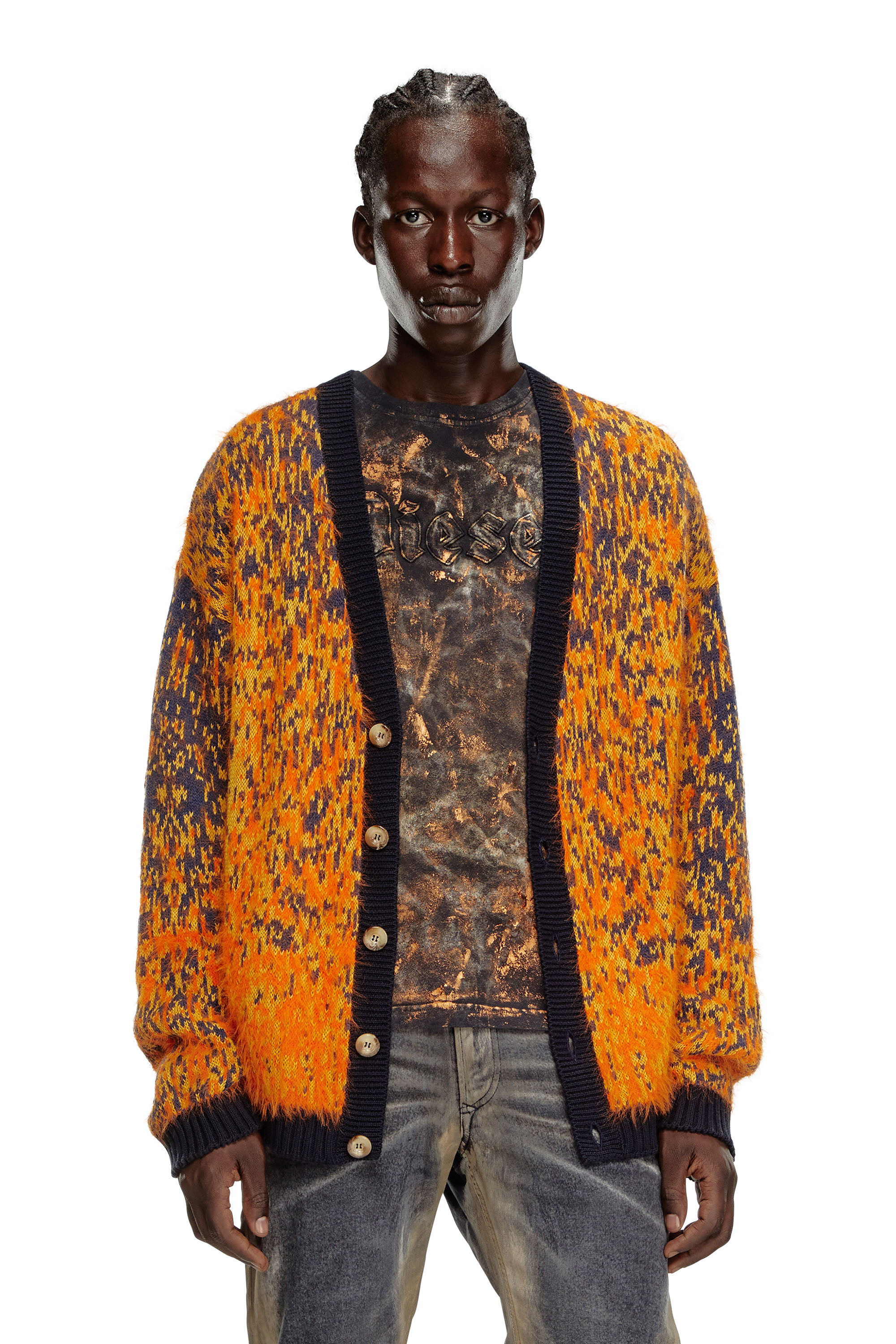 Shop Diesel Fuzzy Cardigan With Abstract Pattern In Orange