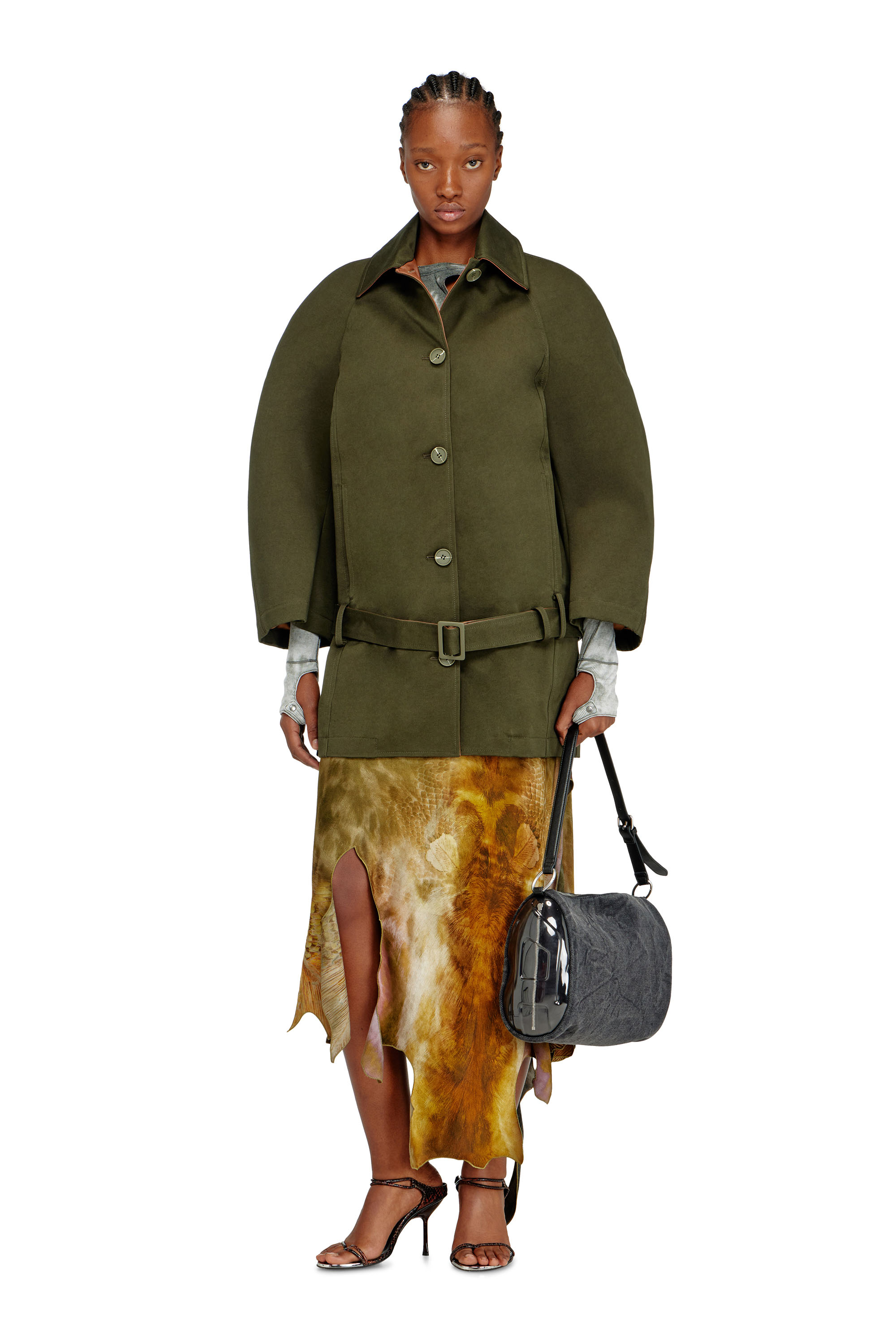 Diesel - O-TORN, Woman's Long asymmetrical skirt in printed satin in Brown/Green - 1