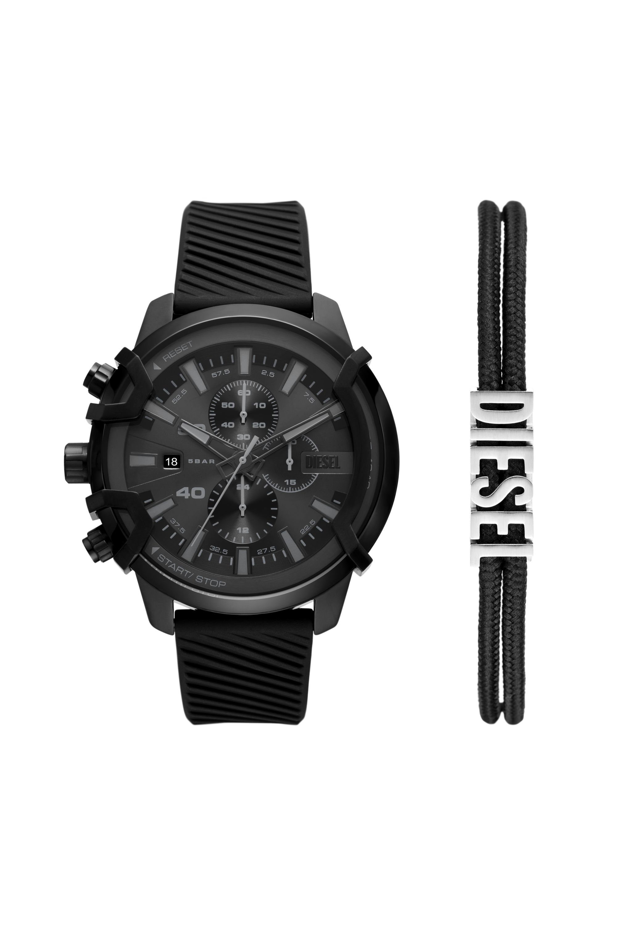 Diesel Men's Griffed Chronograph Black Silicone Watch 48mm Gift Set