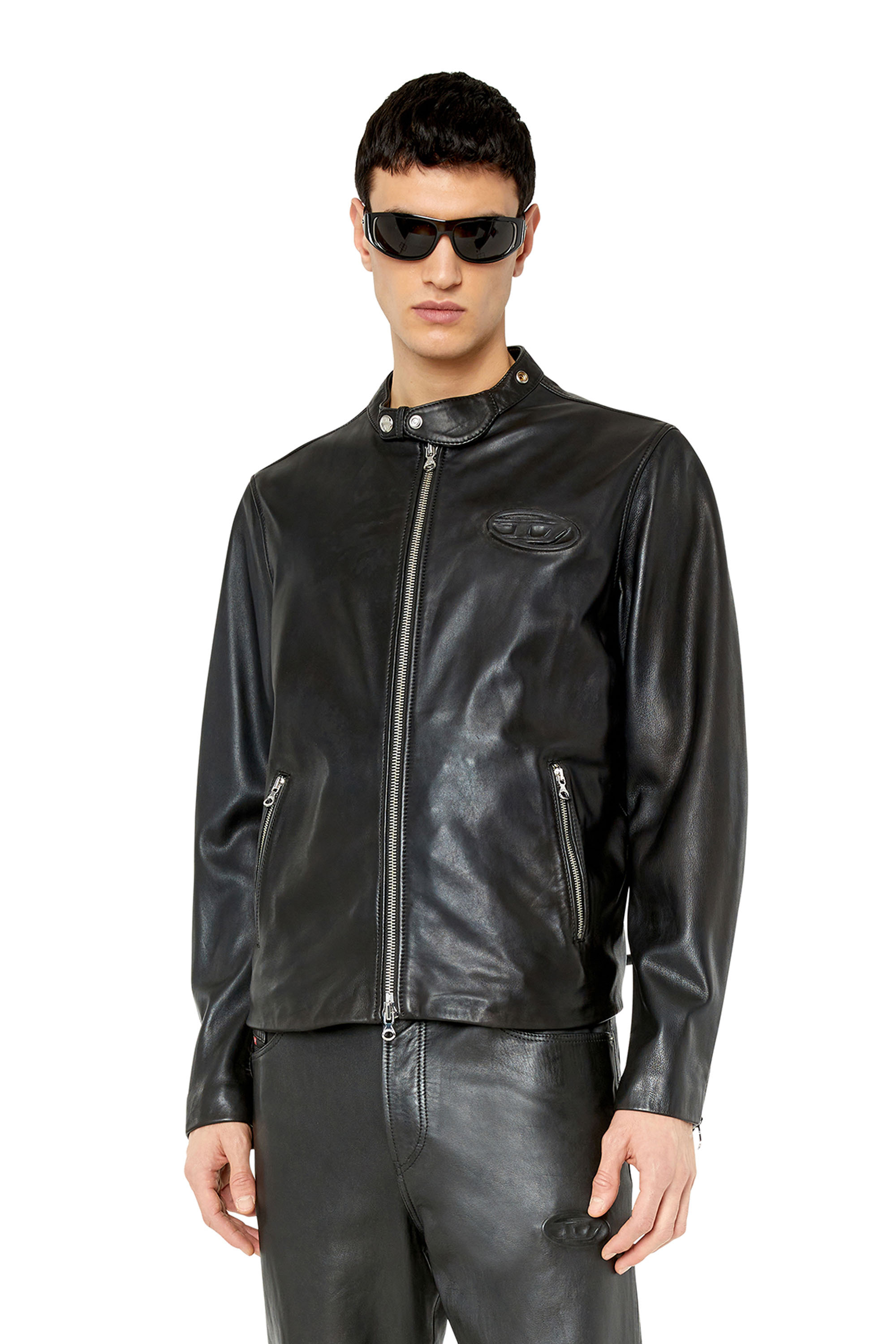 Diesel - Leather biker jacket with logo plaque - Leather jackets - Man - Black