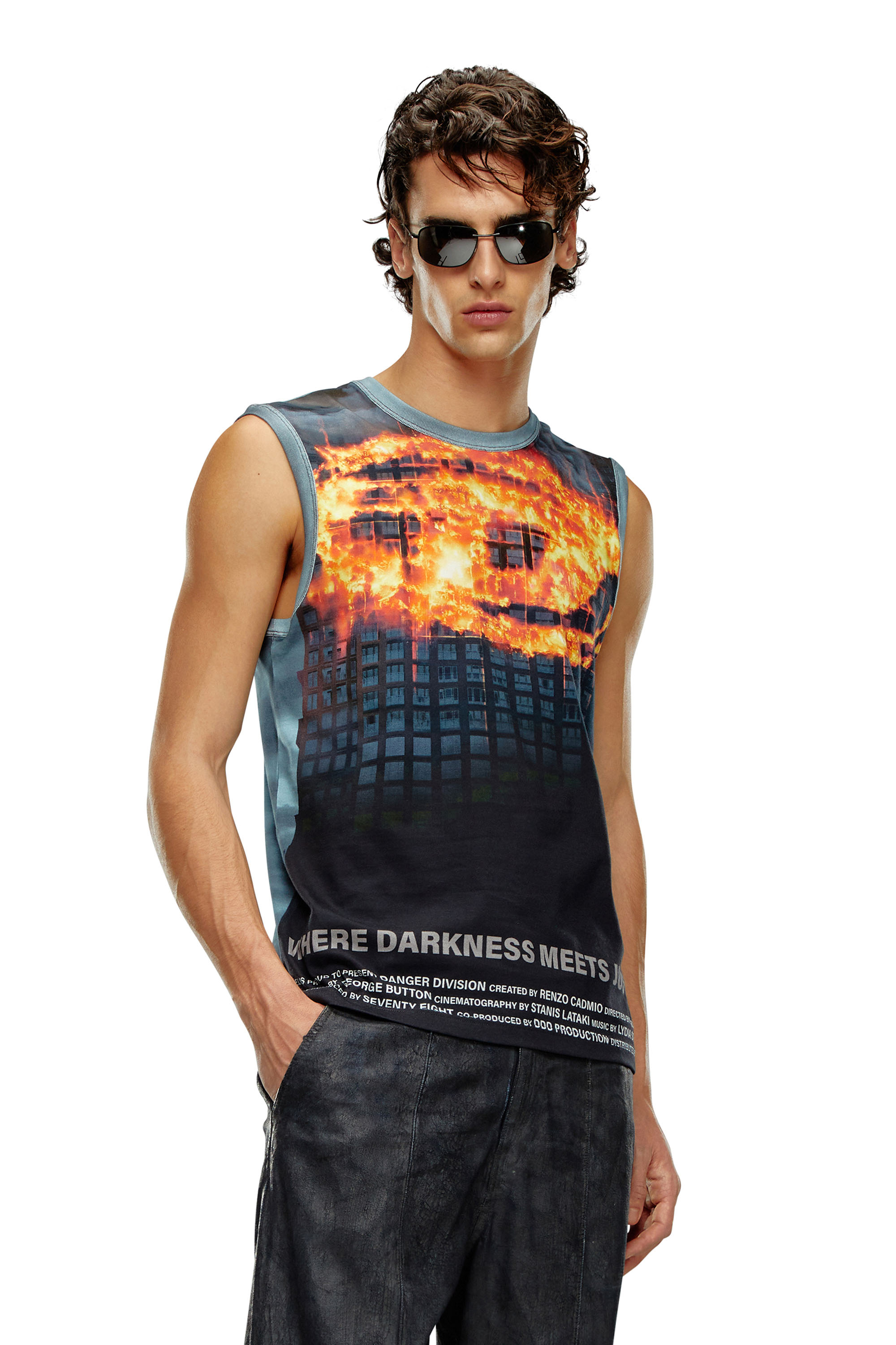 Diesel - Tank top with burning Oval D poster - T-Shirts - Man - Blue