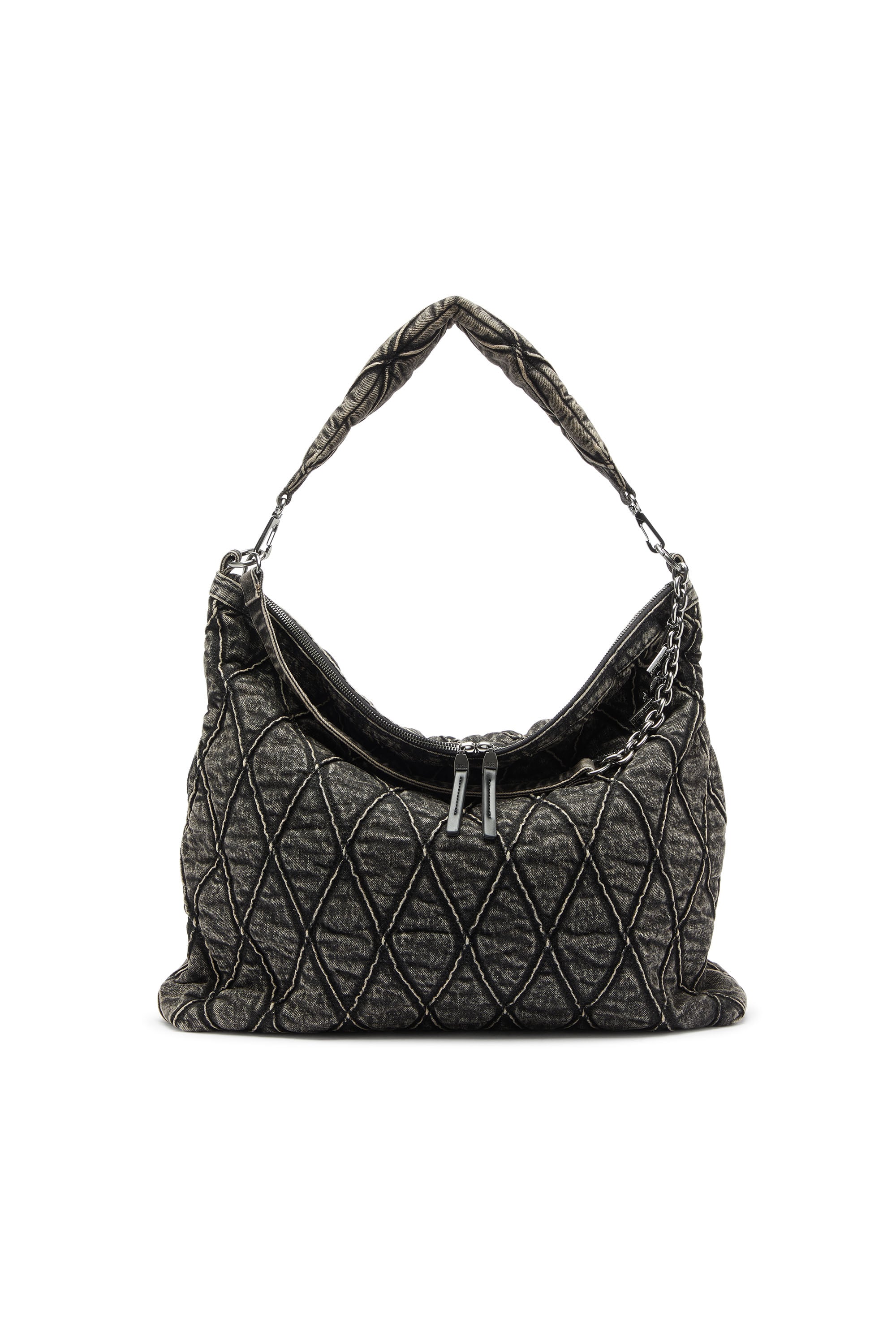 Diesel - Charm-D - Hobo bag in acid-wash quilted denim - Shoulder Bags - Woman - Grey