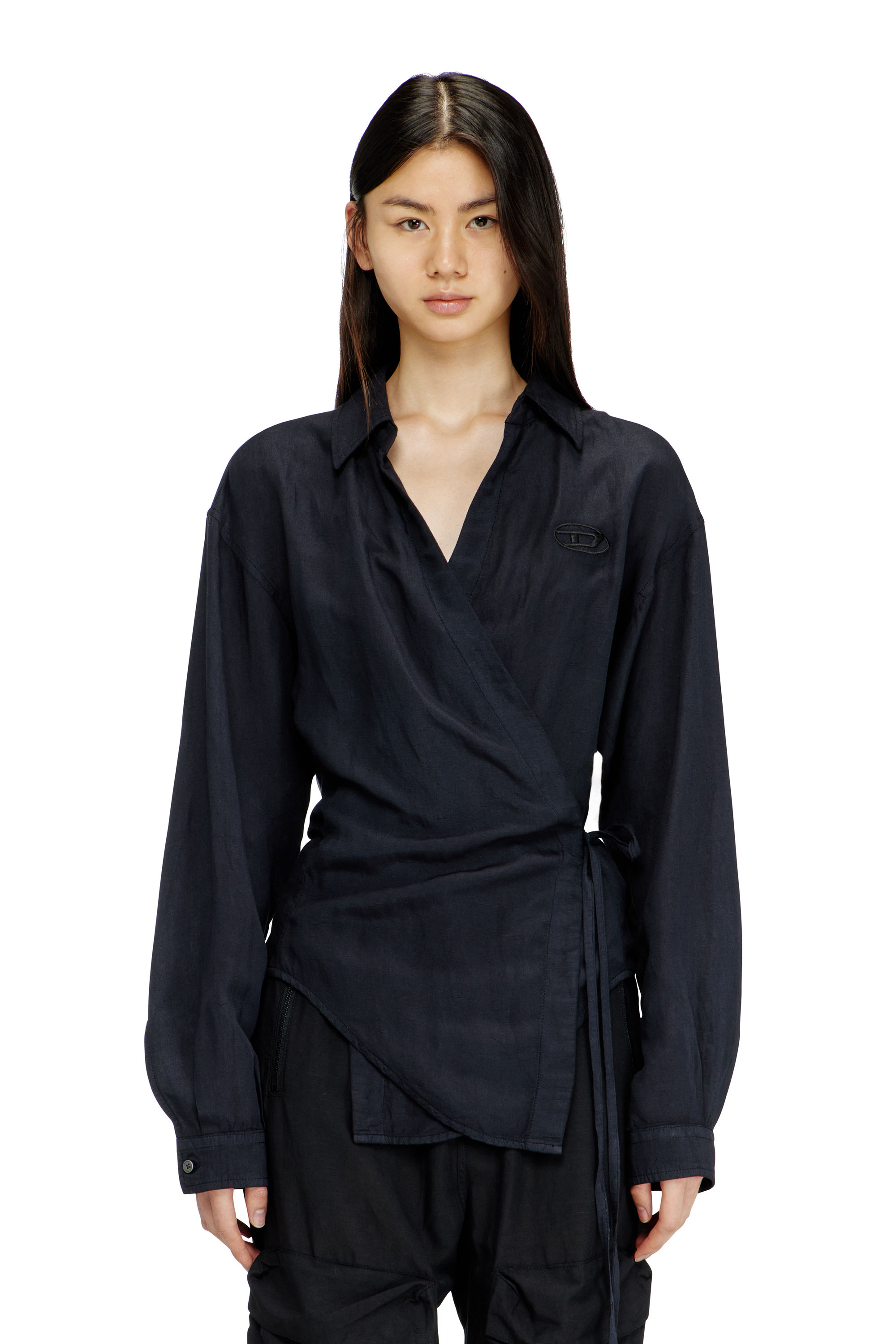 Diesel Women's Black - Linen-Blend Shirt With Wrap Closure - Shirts - Woman Size 46