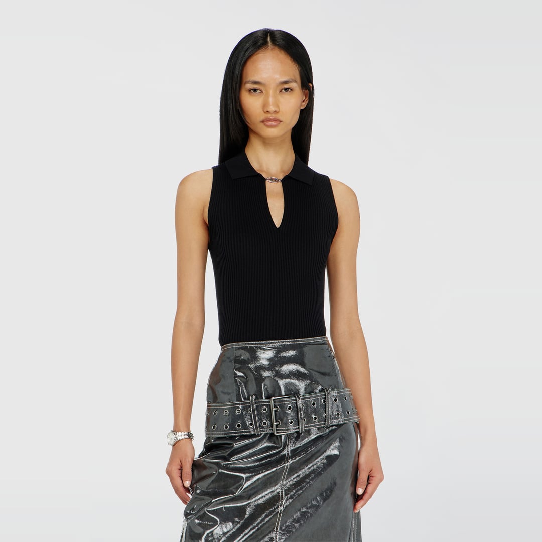 Diesel - Sleeveless rib-knit polo top in silk blend - T-Shirts - Woman - Black