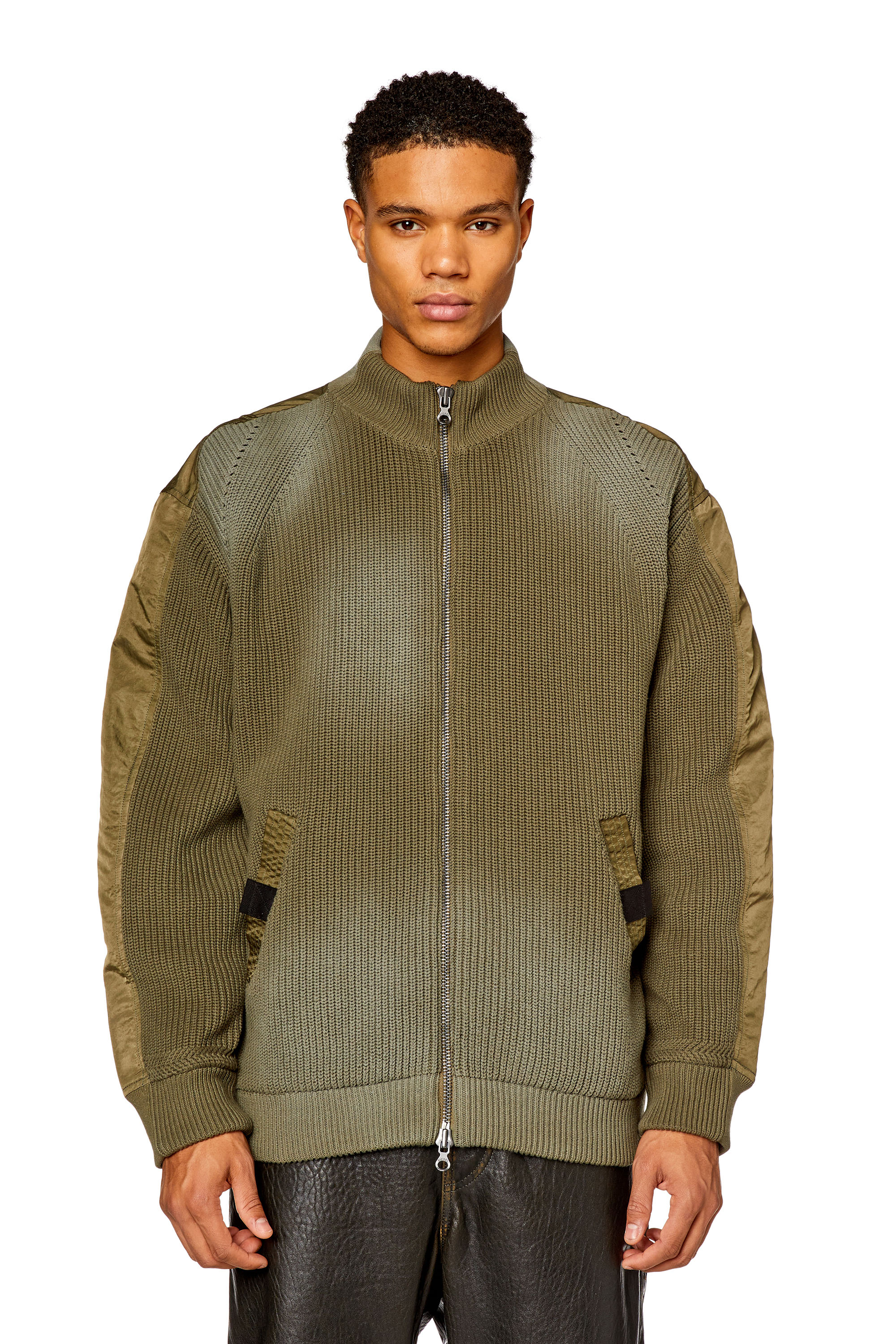 Diesel - Padded knit and nylon bomber jacket - Knitwear - Man - Green