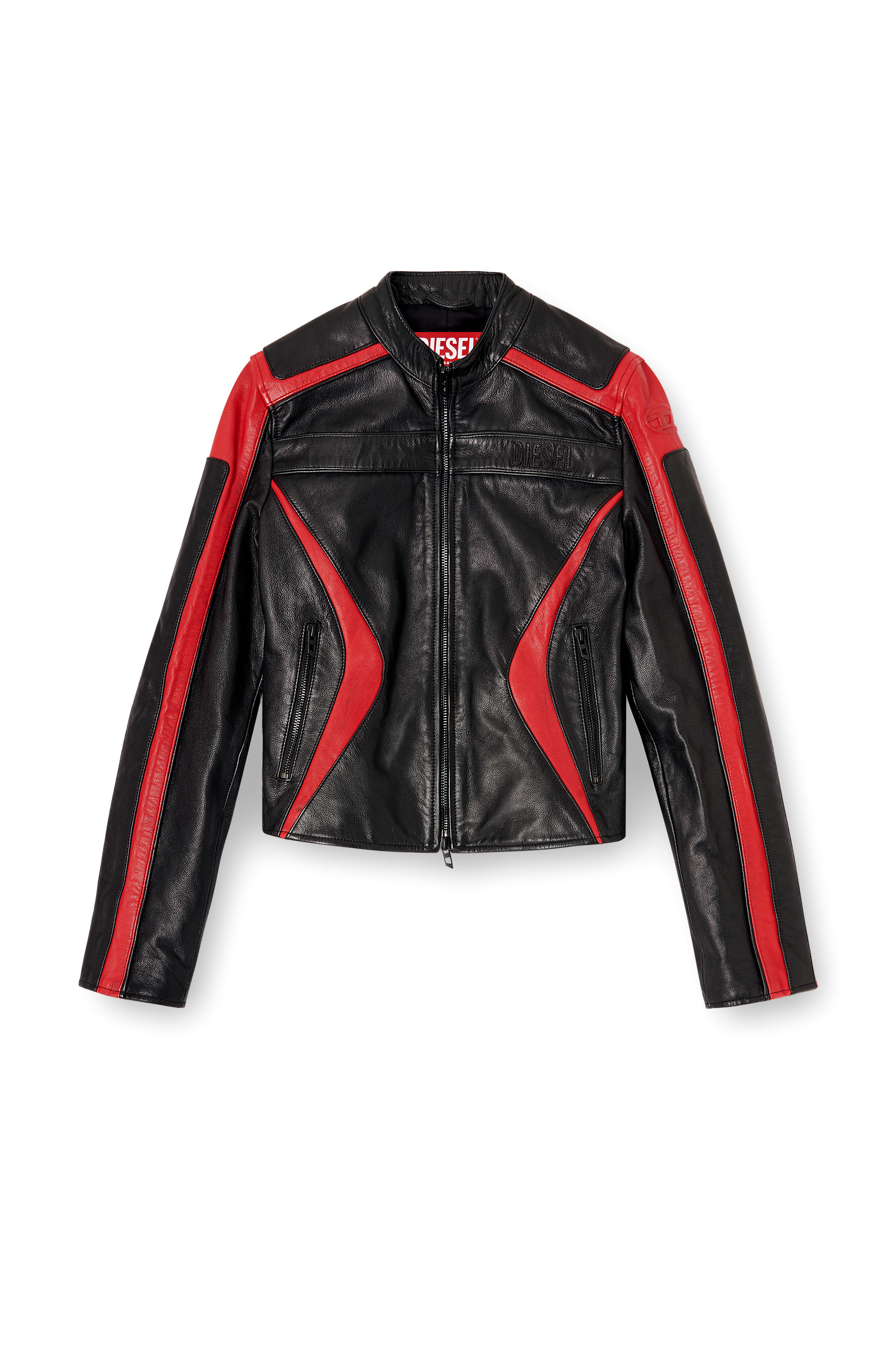 Diesel - L-OVABLE, Woman's Biker jacket in colour-block leather in Black/Red - 3