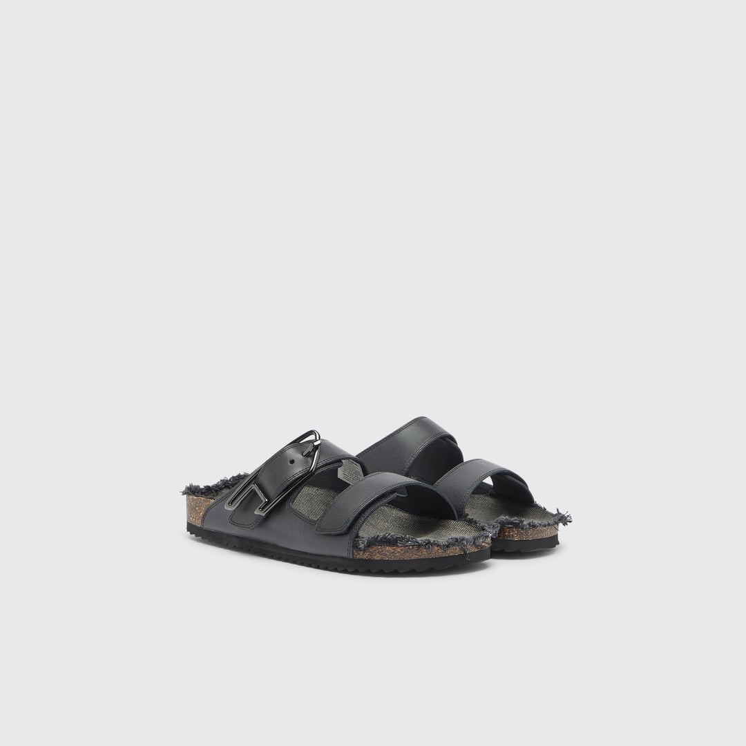 Diesel - D-Woodstock - Leather slide with cork footbed - Sandals - Man - Black