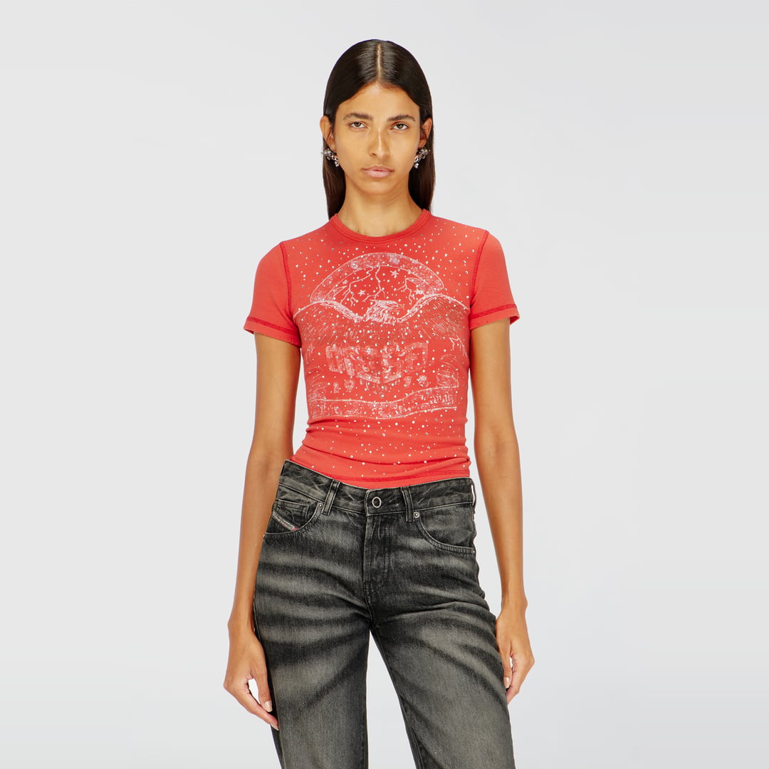 Diesel - T-shirt with concert graphics and crystals - T-Shirts - Woman - Red