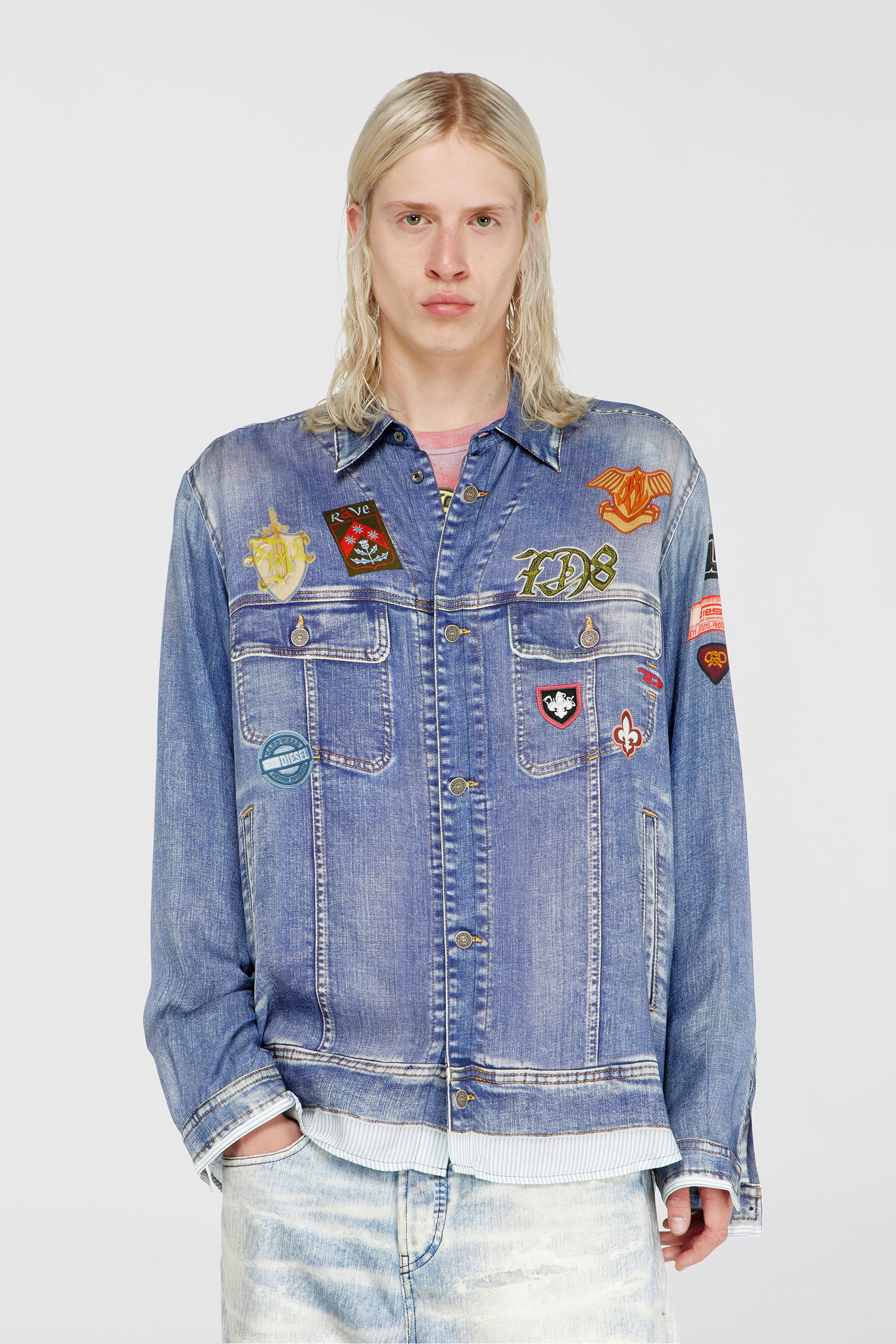 Diesel - Satin shirt with trompe-l'oeil denim print - Shirts - Man - Blue