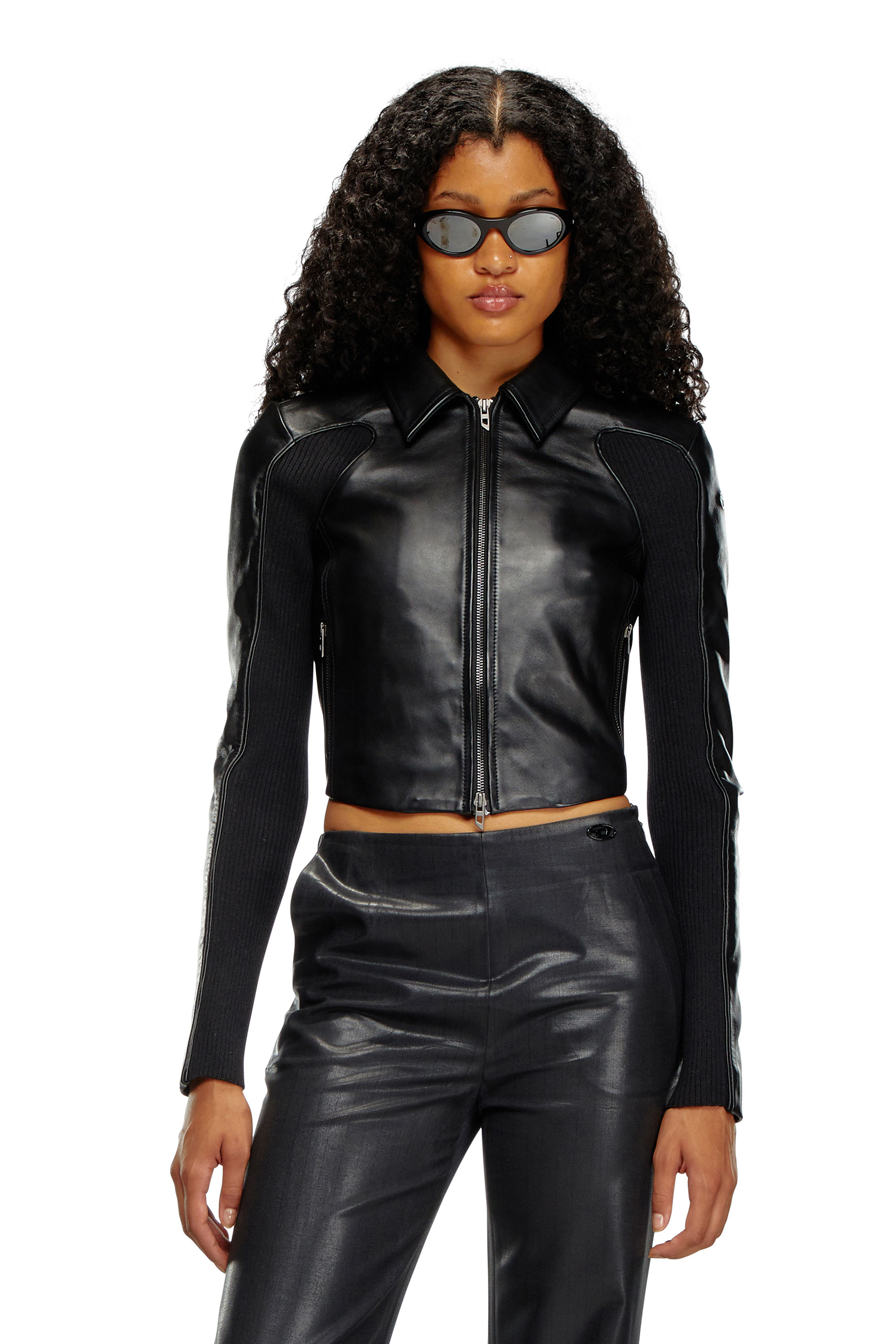 Shop Diesel Cropped Leather Jacket With Knit Inserts In Tobedefined