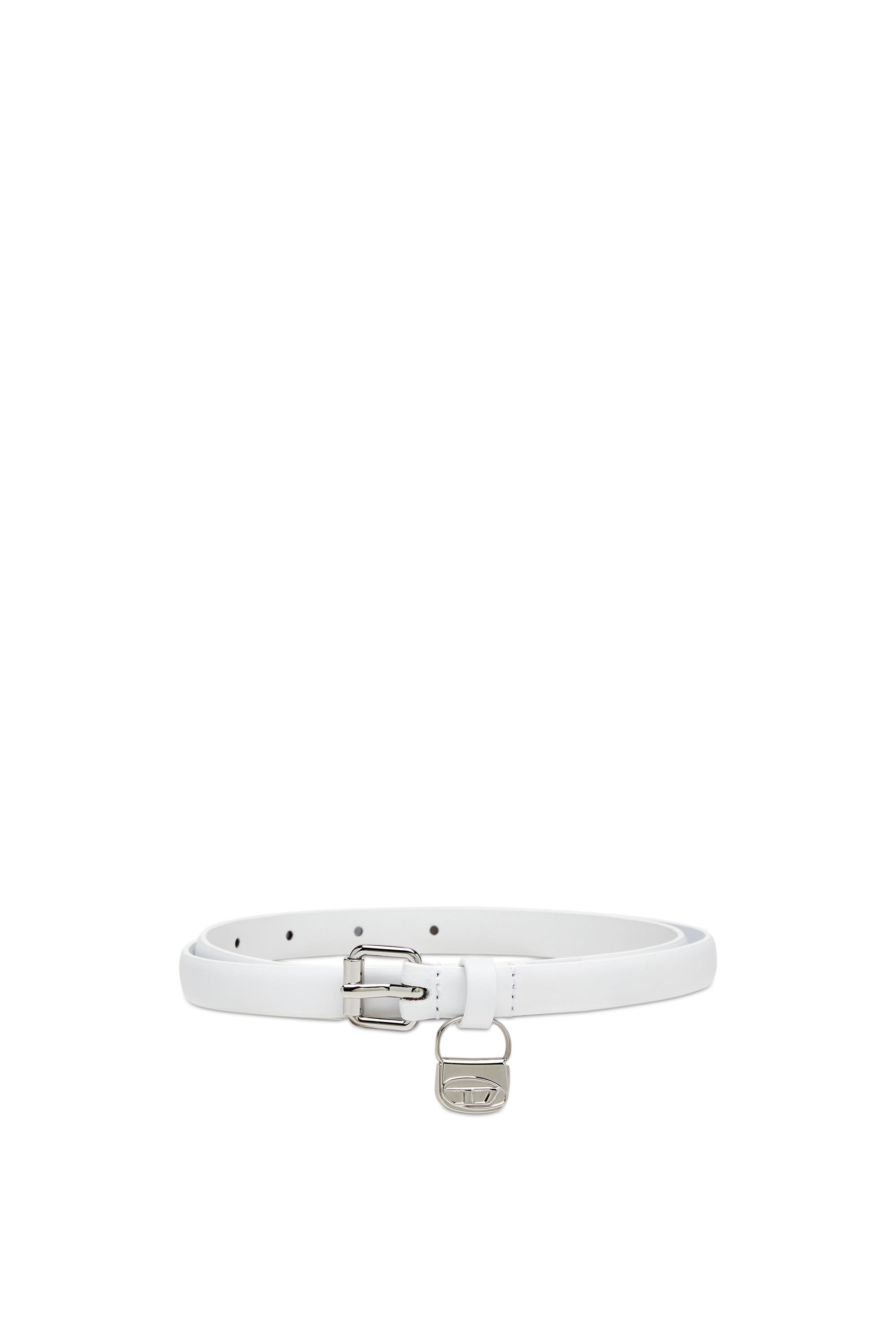 Diesel, 1.4cm slim leather belt with 1DR bag charm, Belts, Woman in White