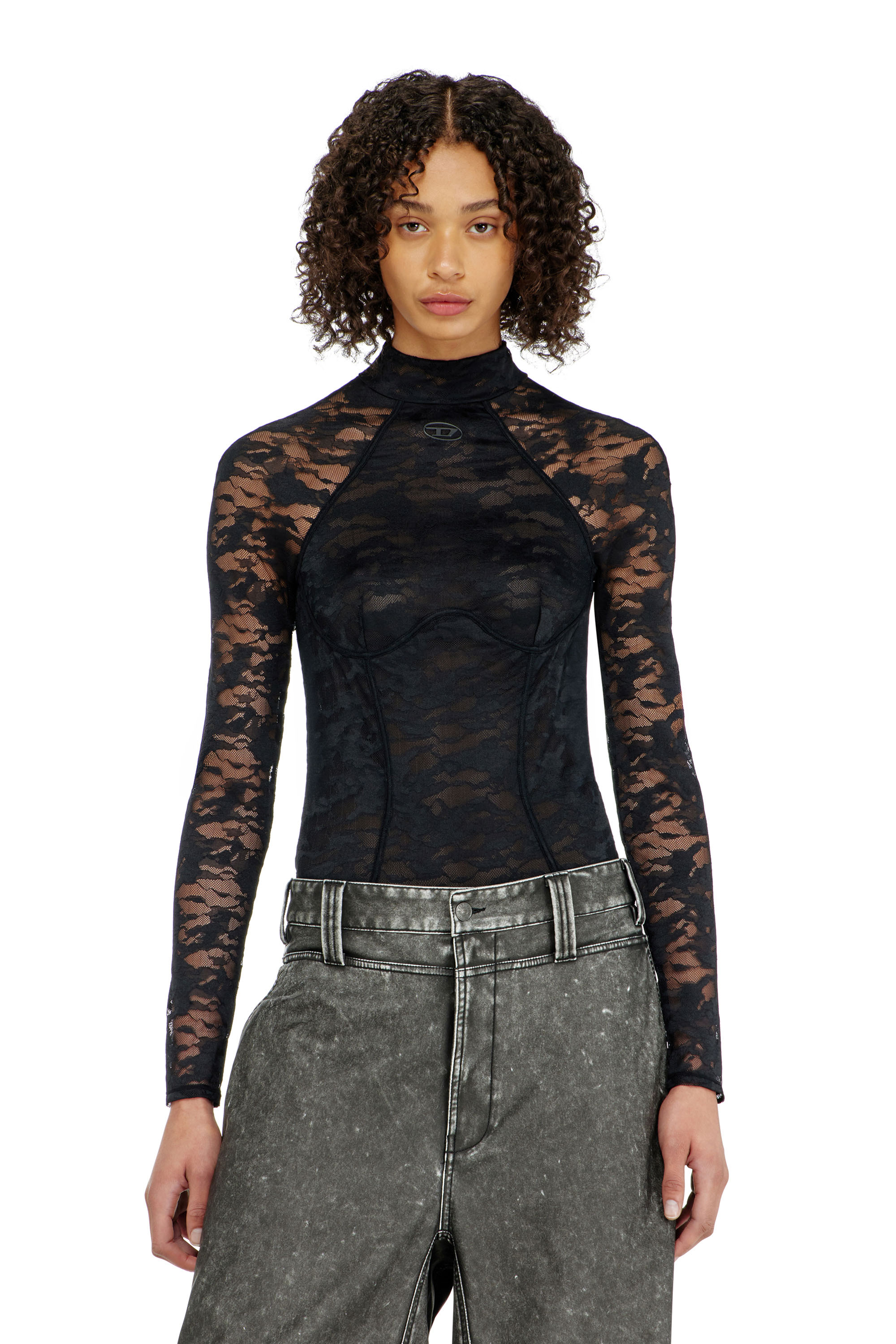 Diesel - VIVIAN-UTLT, Woman's Bodysuit in nylon lace with open back in Black - 2
